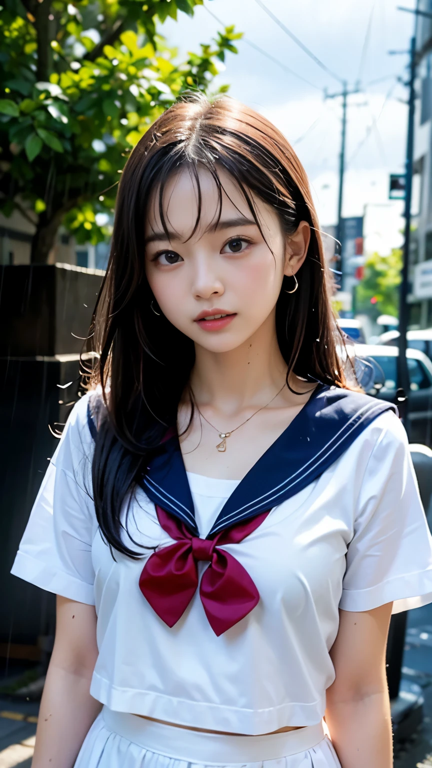 (masterpiece, highest quality:1.2), 8K, official art, RAW photo, incredibly absurd, (Upper body, sailor suit, serafuku:1.4), beautiful girl, 18-year-old、cute face, arch back, navy pleated skirt, close, Soaked school uniform, short sleeve, gardenia, violaces, Ten generations, street, looking at the viewer, film grain, chromatic aberration, sharp focus, face light, dynamic lighting, cinematic lighting, detailed eyes and face, background bokeh, (1 dark red bow tie:1.2)、(heavy rain、dark sky:1.5)、one girl、blush、look at the viewer、big and full breasts、valley、Drenched hair、wet face,wet skin、wet body、wet costume、flower、hairpin、necklace、earrings、Depth of bounds written、尖ったred mouth、red mouth,clavicle、beautiful fingers、Loosen your tie、cute wet face、Wet clothes are see-through、full body shot