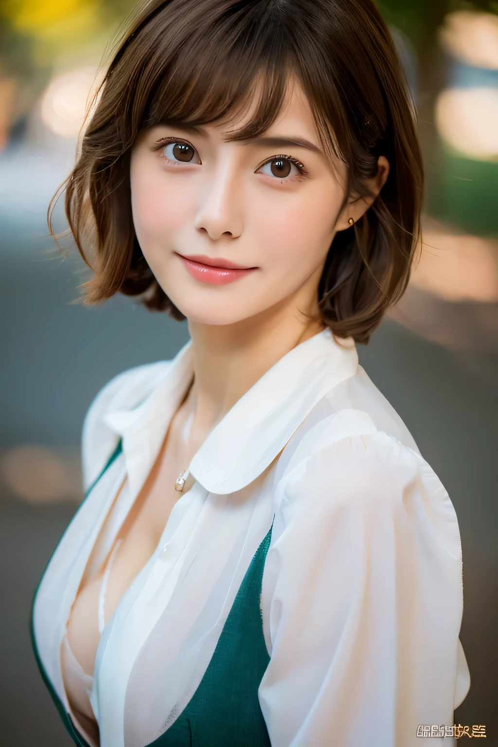 school uniform,pantyhose,cute,mature youth,wonderful,whole body,nice perfect face with soft skin perfect face,brown hair,8K resolution,surreal,Super detailed,high quality,huge breasts:1.7),emphasize cleavage,pixie cut,curly hair,