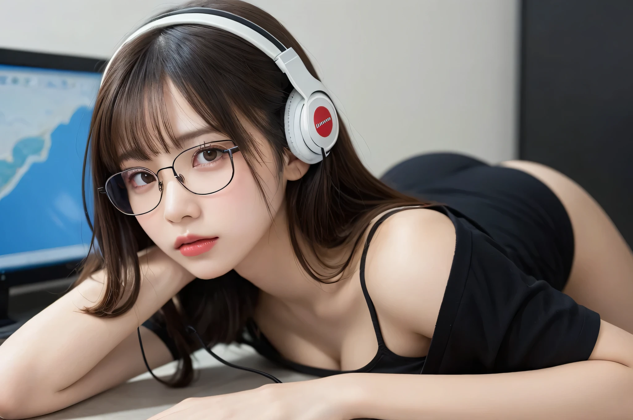 masterpiece, highest quality, shape, Super detailed, in detail, highest resolution, 8k wallpaper, 完璧なダイナミックな構shape, beautiful and detailed eyes, natural lip, Game Clothes, Play video games on your computer, cleavage, whole body, wearing glasses, sexy pose, lie, Lying on the side, In front of the desk, Wear headphones, out of focus background, Camera angle from the back