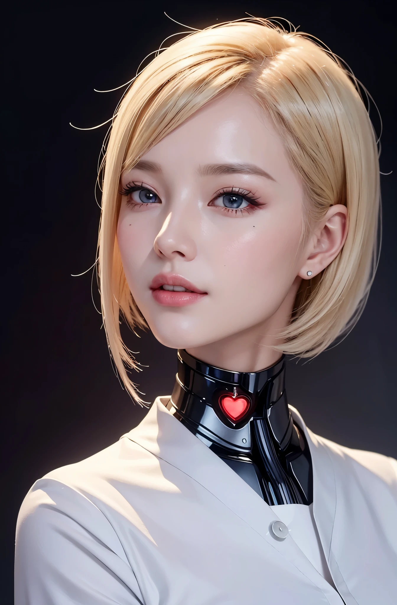 《The role of artificial intelligence》。（（（Virtual character design：heart doctor。Miss，20 years old，white short hair，Exquisite facial features，beautiful make up，Skin details，Smile，waist，elegant posture）））。（（White nurse's uniform））。((Super realistic details)), Red glowing heart decoration，illumination, light and shadow, octane rendering, 8k, super sharp,complicated, Accessory details,atmosphere