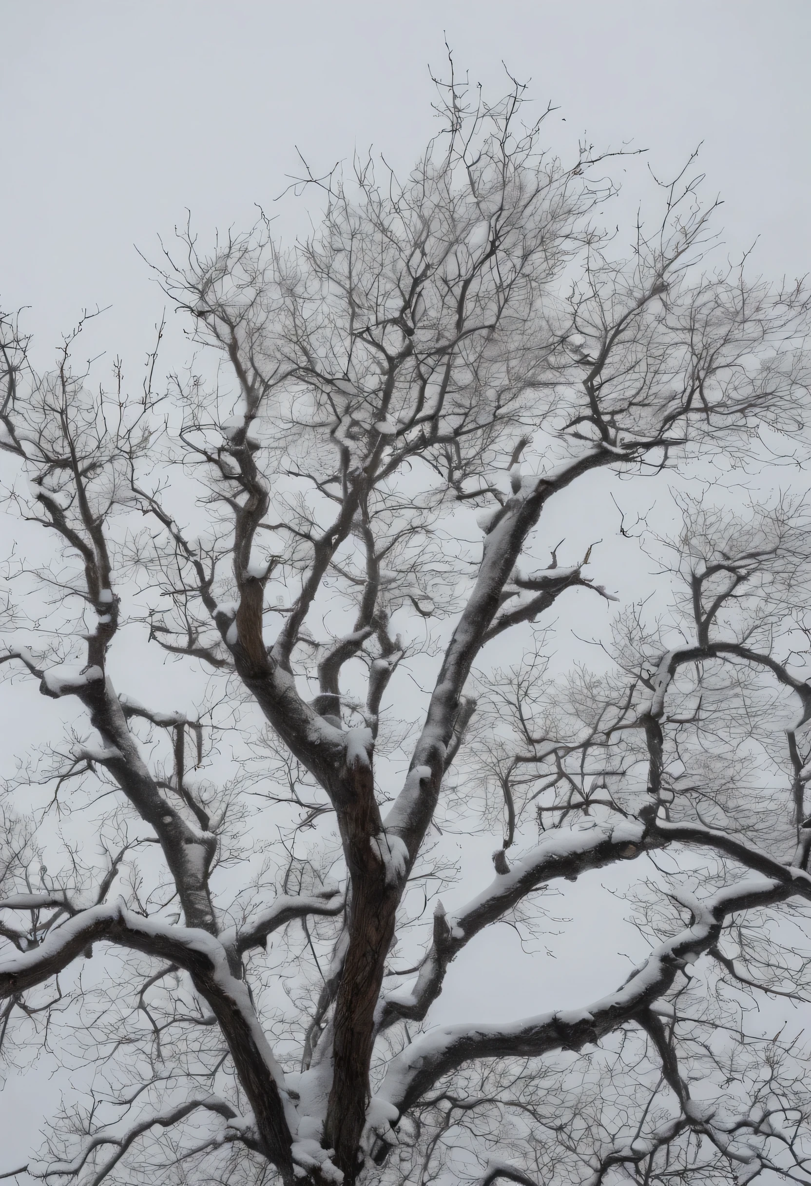 Вотогиафия overcast grey sky, branches of a dry tree are visible from the bottom corner, snow overhead, under a gray foggy sky, grey sky, grey sky, grey sky, natural cloud lighting, rain snow, [oak branches:0,6], many drops of snow, grey sky, Snowfall, low angle wide shot