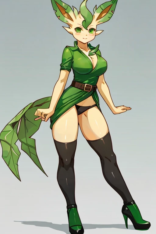 ((Leafeon)), anthropomorphic, big boobs, big ass, pokemorph, (((1girl))), (((green dress with pink frills))), (black belt), (black stockings), cute and sexy, (green heels), slender, tan skin, long legs