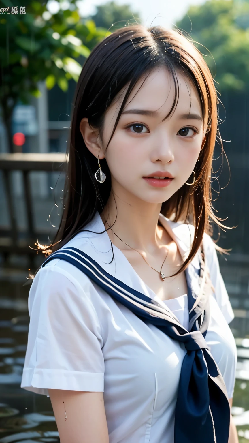 (masterpiece, highest quality:1.2), 8K, official art, RAW photo, incredibly absurd, (Upper body, sailor suit, serafuku:1.4), beautiful girl, 18-year-old、cute face, arch back, navy pleated skirt, close, Soaked school uniform, short sleeve, gardenia, violaces, Ten generations, street, looking at the viewer, film grain, chromatic aberration, sharp focus, face light, dynamic lighting, cinematic lighting, detailed eyes and face, background bokeh, (1 dark red bow tie:1.2)、(heavy rain、dark sky:1.5)、one girl、blush、look at the viewer、big and full breasts、valley、Drenched hair、wet face,wet skin、wet body、wet costume、flower、hairpin、necklace、earrings、Depth of bounds written、尖ったred mouth、red mouth,clavicle、beautiful fingers、Loosen your tie、cute wet face、Wet clothes are see-through、full body shot