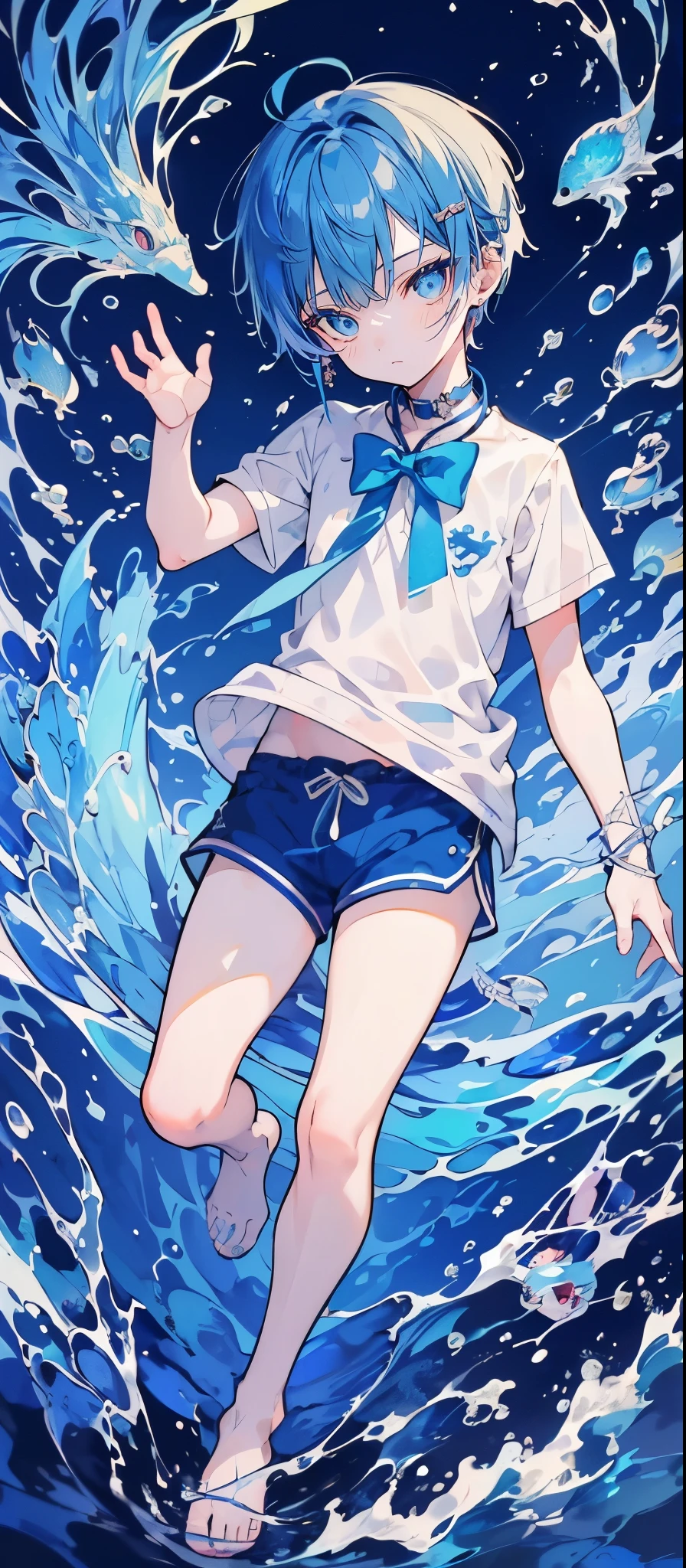 (muste piece), (best quality), very detailed, (1 boy:1.5), solo full body shot, perfect face, beautiful boy, very detailedな顔,(Blue-haired shorthair:1.5),(blue eyes:1.4),(in water:1.4),Ocean,School of small fish,Light,jellyfish,Ocean藻,Red fish,Yellow fish,深Ocean,fantasy,(Shorts:1.3)