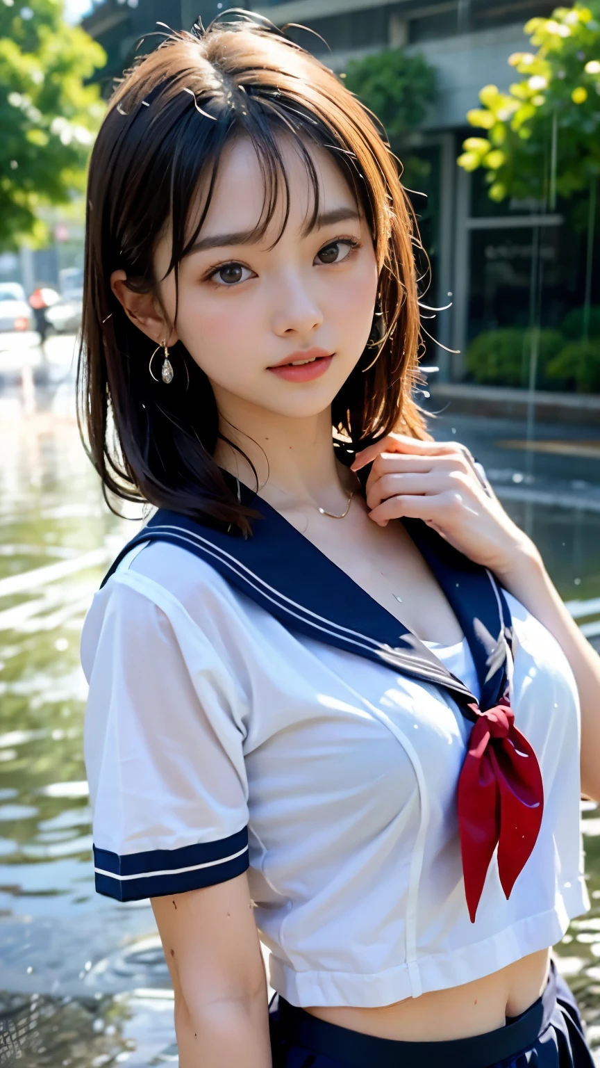 (masterpiece, highest quality:1.2), 8K, official art, RAW photo, incredibly absurd, (Upper body, sailor suit, serafuku:1.4), beautiful girl, 18-year-old、cute face, arch back, navy pleated skirt, close, Soaked school uniform, short sleeve, gardenia, violaces, Ten generations, street, looking at the viewer, film grain, chromatic aberration, sharp focus, face light, dynamic lighting, cinematic lighting, detailed eyes and face, background bokeh, (1 dark red bow tie:1.2)、(heavy rain、dark sky:1.5)、one girl、blush、look at the viewer、big and full breasts、valley、Drenched hair、wet face,wet skin、wet body、wet costume、flower、hairpin、necklace、earrings、Depth of bounds written、尖ったred mouth、red mouth,clavicle、beautiful fingers、Loosen your tie、cute wet face、Wet clothes are see-through、shortcut