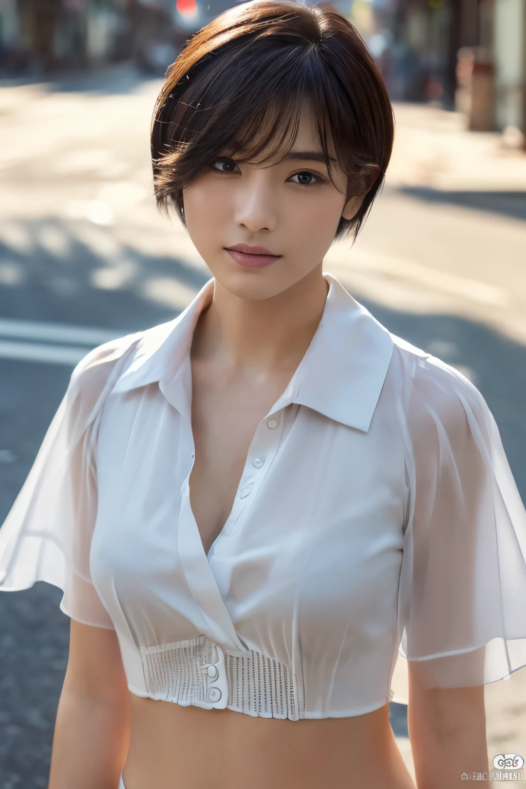((Top image quality、8k、masterpiece:1.3))、foco nítido:1.2、Beautiful woman with perfect body:1.4、slim abdomen:1.2、((Short bob cut hair、The large:1.2))、 (no-bra)(Small beautiful hard(Thin, moist buttons up to shirt length:1.1)、(Sateenで濡れた白いタンクトップシャツ)、(Sateen、a street:1.2)、wetbody:1.1、Very detailed face and skin texture、A detailed eye、二重まぶた、amorous