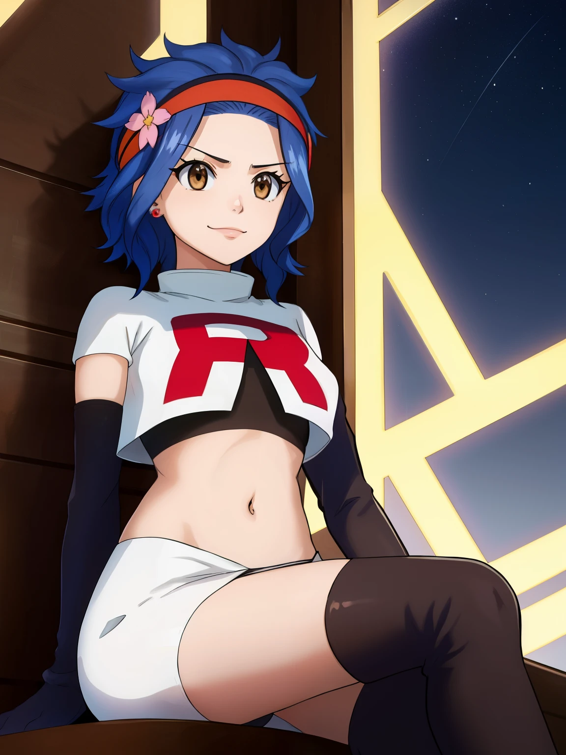 1girl, solo ,LEVY MCGARDEN, (BROWN EYES:1.35), BLUE HAIR, SHORT HAIR, SIDELOCKS, HEADBAND ,HAIR FLOWER ,glossy lips, earings ,team rocket uniform, red letter R, white skirt,white crop top,black thigh-high boots, black elbow gloves, closed mouth, evil smile, looking down on viewer, sitting down ,legs crossed, night sky background