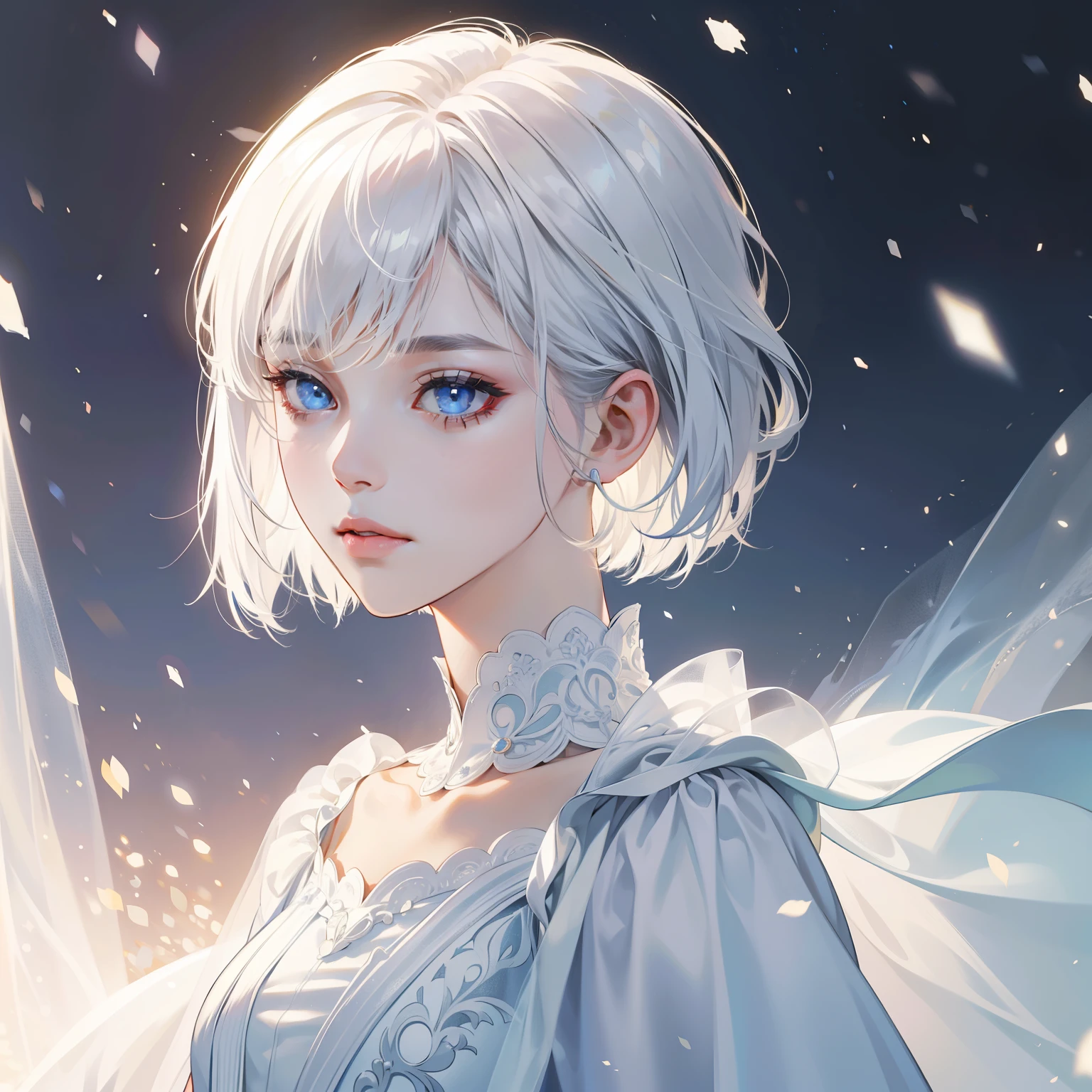 Masterpiece, high quality, best quality, HD, realistic, perfect lighting, 1 woman, perfect eyes, bob cut hair, White Hair, glowing, white princess Dress, snowing background