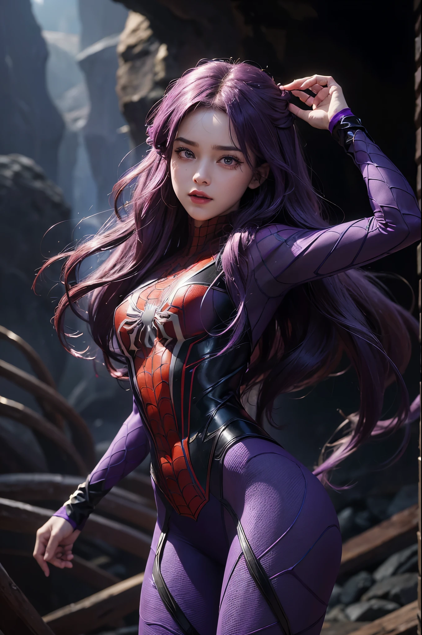 (Extreme Detail CG Unity 8K wallpaper, masterpiece, highest quality), (Exquisite lighting and shadow, highly dramatic picture, Cinematic lens effect), a beautiful girl in a purple Spider-Man costume, purple curly hair color, long hair, braiding hair, beautiful purple eye, evil face, from the Spider-Man parallel universe, Wenger, Marvel, Spider-Man, on the cave, very beautiful face, dynamic pose), (excellent detail, excellent lighting, wide angle), (excellent rendego on cave, enough to stand out in cave, clasocus on purple Spider-Man costumes, complex spider textures