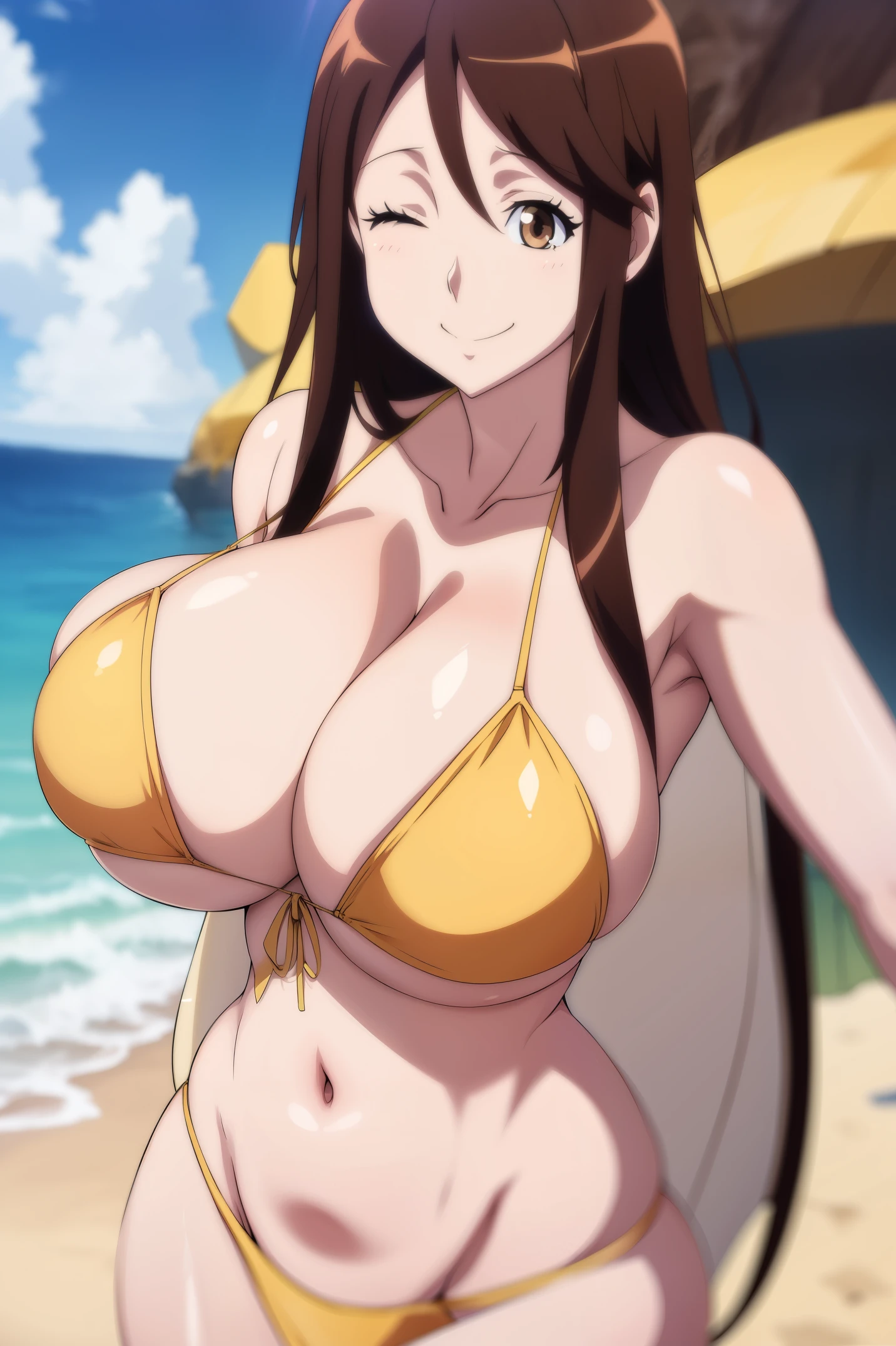 anime,anime cel style,anime style,Iida_Nana, High resolution, 1. Waman, mature woman, brown hair,brown eyes,smile, (huge breasts:1.2), bikini,beach,(half closed eyes:0.7)