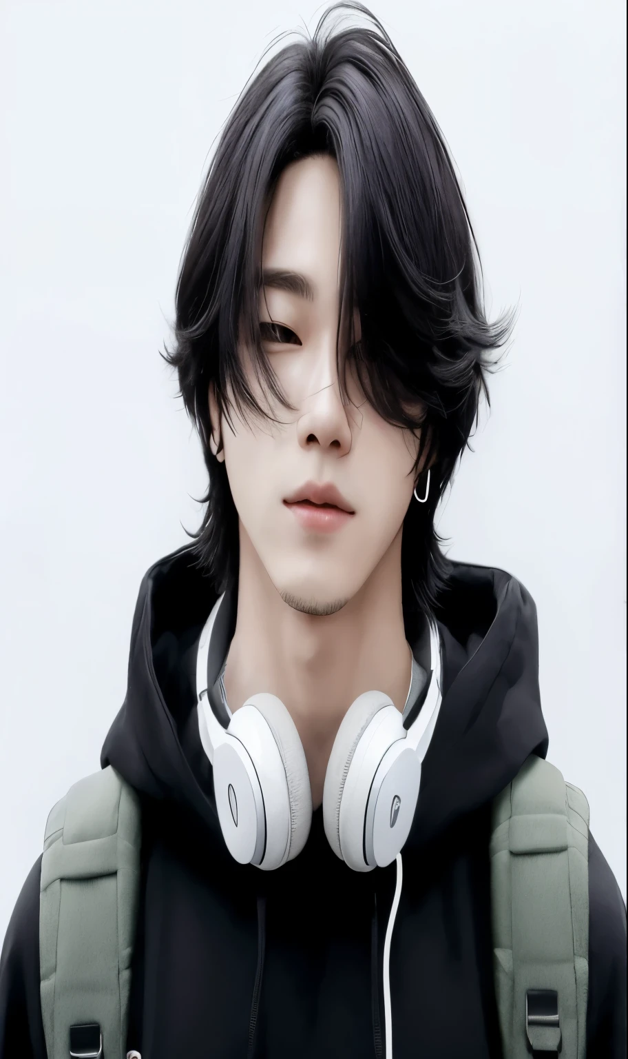 arafed man com fones de ouvido on his head and a backpack, pintar ulzzang, park jimin, cabelo meio longo, com cabelo curto, park jimin, com cabelo comprido, park jimin, com o mesmo penteado, com fones de ouvido, com fones de ouvido, park jimin, homem sul-coreano, park jimin,