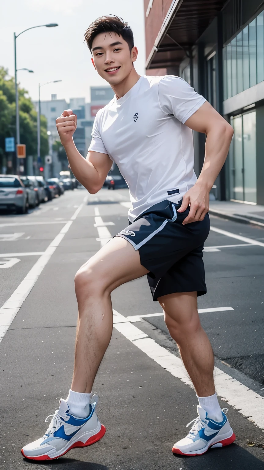 Wearing sports shorts and short sleeves，Wear sneakers on your feet，Male sports blogger，Chinese man，Smiling，Standing whole body，full-body shot，Have normal muscle lines，Sunny and handsome，Exercise and fitness，Do a left kick，front Photo