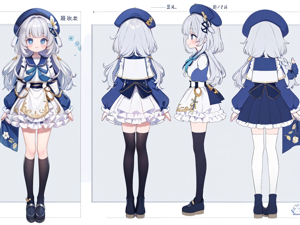 Standing picture、full body esbian、flower hair ornament、one girl、silver hair、length、fluttering hair、blue eyes、laughter、masterpiece、best image quality、smile、Long-sleeved sailor suit、pleated skirt、length-sleeve、Moe sleeve,character reference sheet,white tights,three views,multiple view,front,side,whole body expression、close your mouth、Draw from the side
