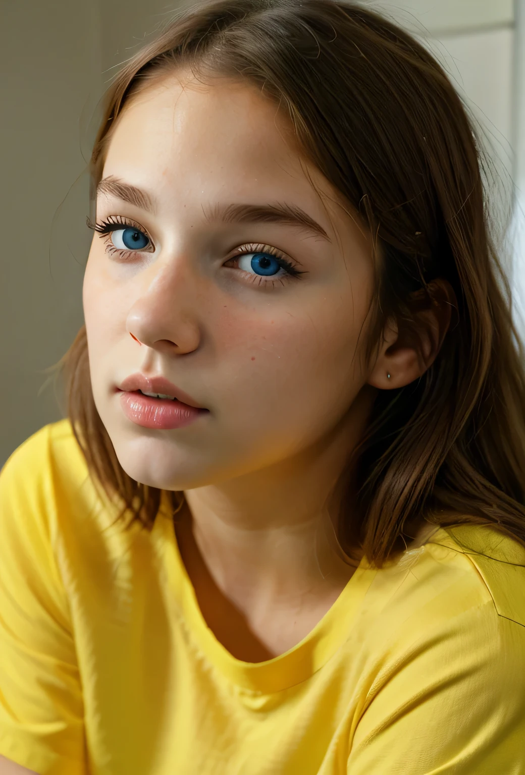 Beautiful American girl face portrait. Perfect face shape. Jawlines. Aggressive nose. Looking at viewer, blue eyes wearing yellow clothes