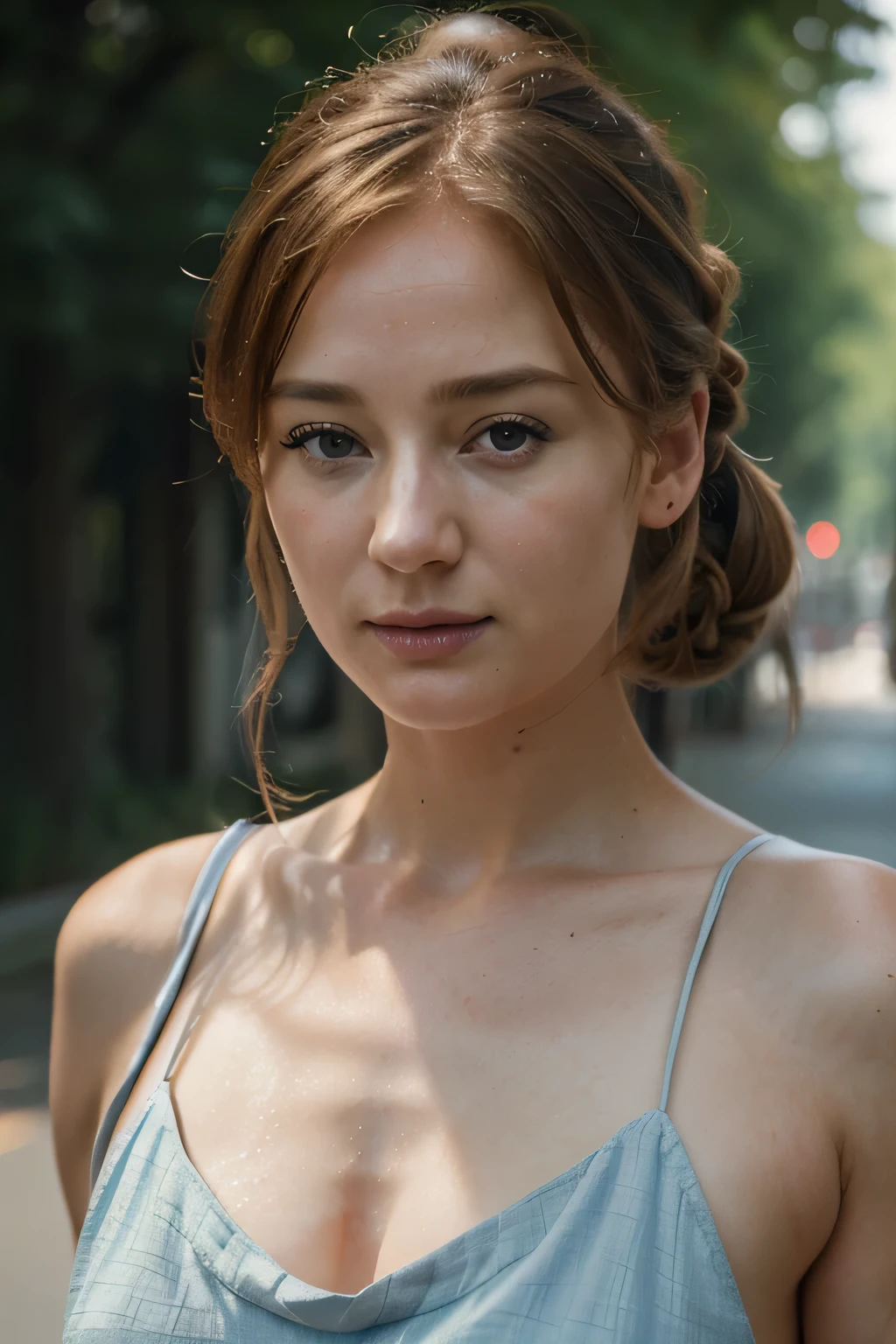 ((Jennifer ehle)), (masterpiece, best quality, high resolution:1.4), woman, (((aged 25))), ((wearing a low cut party dress)), evening street scene, ((hair in pony tail)) skin pores texture, Hair blonde, HD , Photography, movie, cinematic, full Body, Realistic, (8k, RAW photo, best quality, masterpiece:1.2), (realistic, photo-realistic:1.33), best quality, detailed eyes blue, cute, natural lighting, depth of field, film grain, wrinkled skin, sharp, detailed and realistic portrait of a woman , (freckles:0.5)