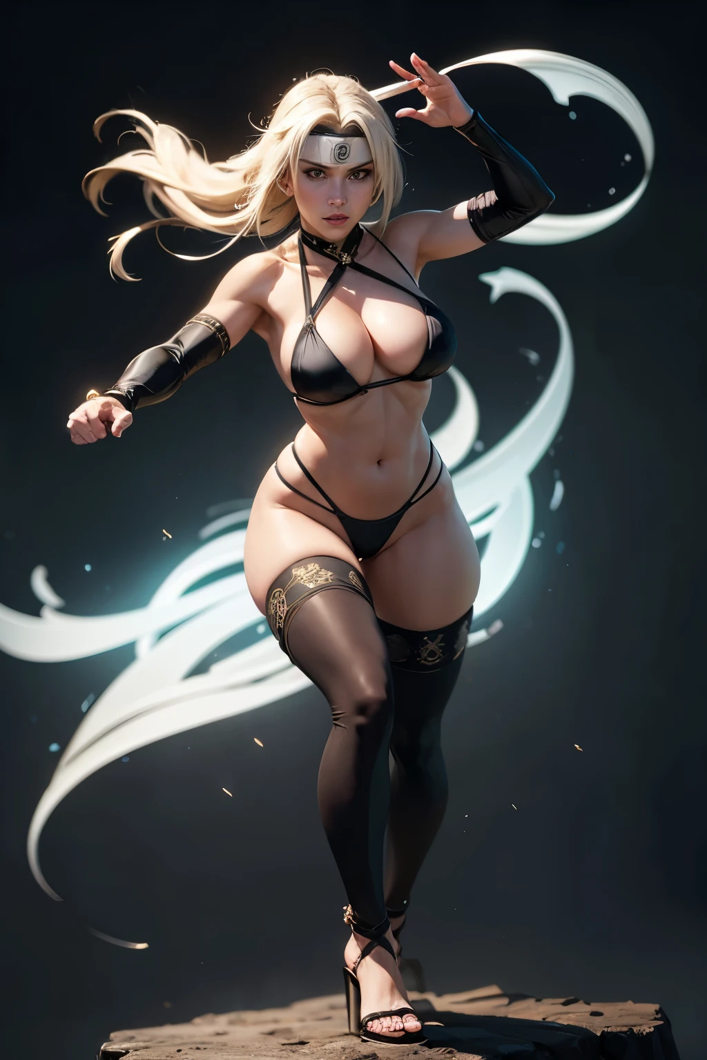Sexy full-body Tsunade standing without panties with her hands lowered legs away from the front(melhor qualidade,4k,8k,alto,master piece:1.2), ultra-detalhado, realistic:1.37, Micro Rope Transparent Bikini White Portrait, HDR,Sexy full-body Tsunade standing without panties with her hands down, perna, mais vista frontal UHD, studio lighting, extreme detail description, profissional, vivid colors, Bokeh, paints in oil, tsunade corpo inteiro usando micro string bikini white micro transparente com rosto detalhado e corpo detalhado,seios grandes, sem calcinha Cabelo Dourado , olhos azuis marcantes, determined expression, headband with Konoha village symbol, intrincado traje ninja preto,Sexy full-body Tsunade standing without panties with her hands lowered legs away from the front,Facas Kunai, Hand seals, Chakra girando em torno dele, dynamic fighting pose, fundo vibrante com flores de cerejeira, luz s olar brilhante, dynamic lighting.corpo inteiro,full-body front view standing without panties