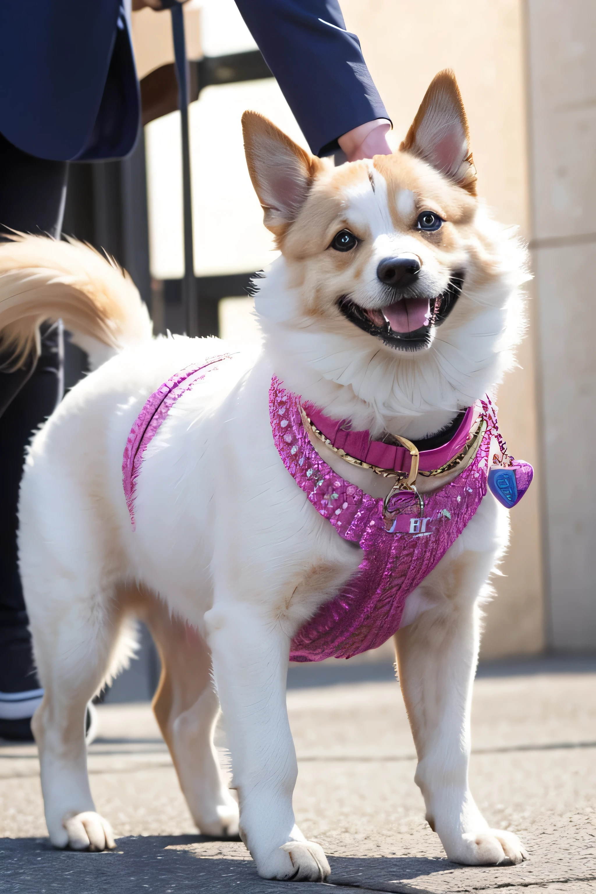 "Cheerful and lively image of a happy dog standing upright on its hind legs, Exuding happiness and style. The focus is on showing the complex facial expressions of dogs, eyes sparkling，broad, Obvious smile. Stylish suits exude urban chic, Comes with stylish accessories，Safe and stylish for pets. Although the clothing is modern and elegant, It avoids directly imitating any specific brand，Instead, it draws on the ambience of luxury and style. High image resolution，Full of joy and skill，Emphasize the unique personality of your stylish pet，There is no artificial scene feeling."
