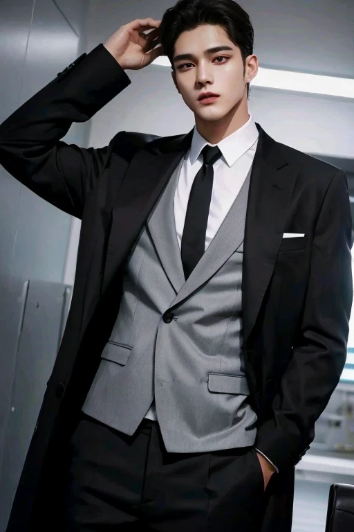 Jovem em um terno and tie standing in a room, vestindo terno cinza preto, wearing business suit, um terno preto, vestindo um terno masculino elegante, inspirado em Kim Taehyung.