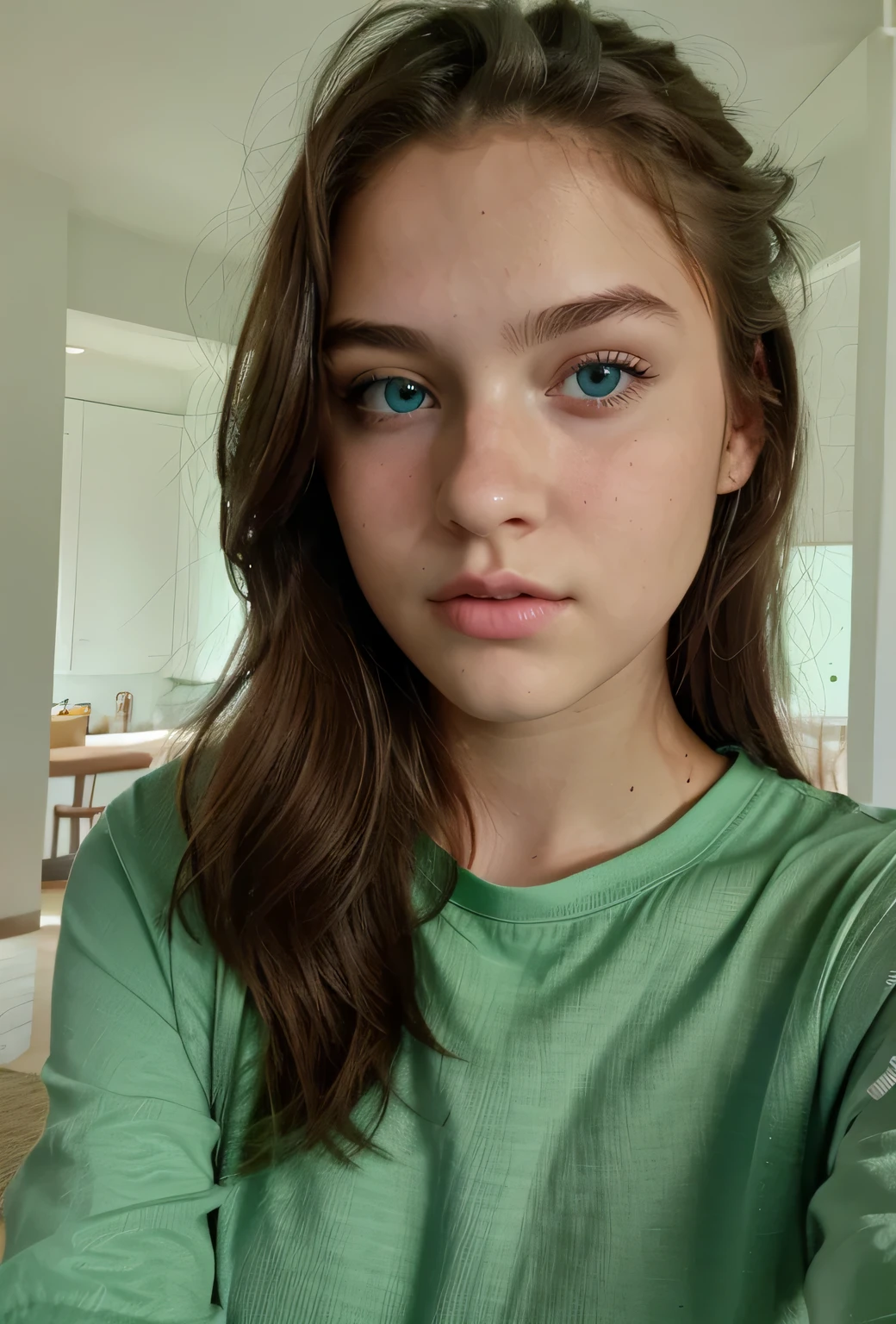 Beautiful American Teen girl face portrait. Perfect face shape. Jawlines. Aggressive nose. Looking at viewer, blue eyes wearing green clothes, selfie photo