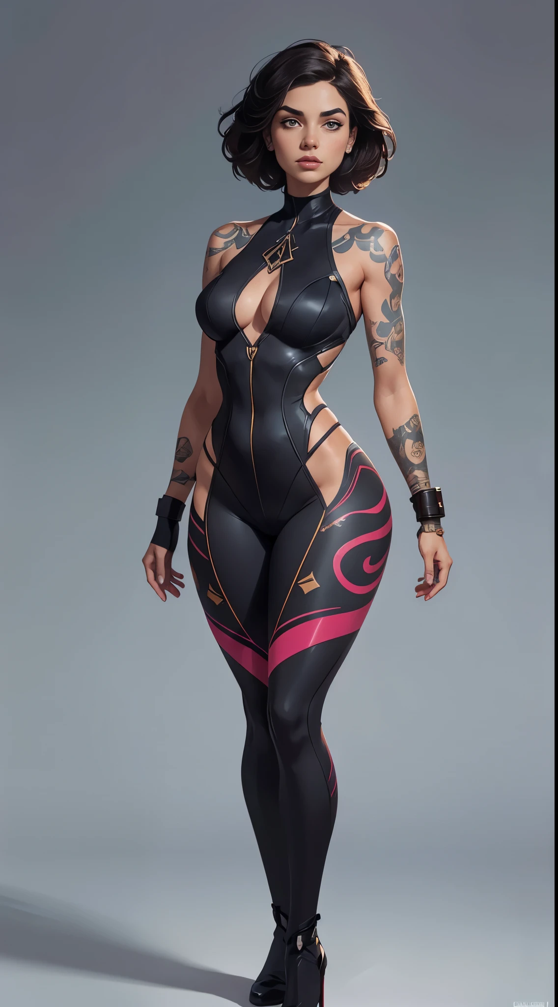 A spectacularly full body view of digital illustration of a woman with only tattoos on her arms. The details are stunning, with every inch of her stunningly beautiful body finely illustrated. Full body view, showing off her voluminous hourglass figure. Her curves are highlighted in a variety of vivid and vibrant colors. thighs and waistline are perfectly highlighted in the details. Artists you would find inspiration from include: Greg Rutkowski, Beeple, Jesse Moynihan, and Daniel F. Gerhartz.