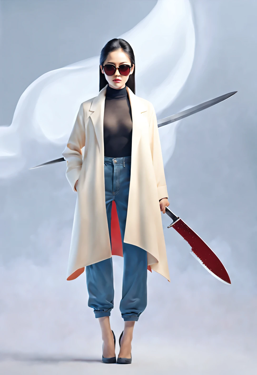 (Modern art fashion character design), Very unified CG, (Half-length close-up), (Beautiful Chinese girl holding machete: 1.3), (Wearing large sunglasses: 1.3), and (five tail braid hairstyle: 1.2), a harmonious combination of classic and modern, (dark blue sweater and jeans: 0.68), (Red scarf jacket: 0.7), modern fashion outfit, Elegance, the girl's fair and flawless smooth skin, high nose bridge, Head up posture, sad but beautiful, slender figure, Exquisite facial features, swirling fog illustration, ink painting, black hair, meatball head, Proud, Surrealism, contemporary art photography, action painting illustration, abstract expressionism, Pixar, depth of field, motion blur, backlight, radiation, decline, Head up angle, Sony FE General Manager, ultra high definition, masterpiece, accurate, textured skin, Super details, high detail, high quality, Award-winning, best quality, Level, 16k, Photographed from a bottom-up perspective, humor,