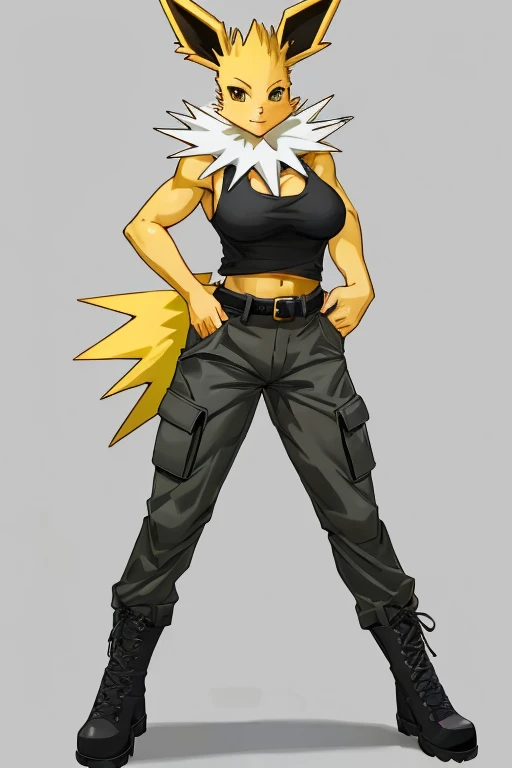 ((Jolteon)), anthropomorphic, big boobs, big ass, pokemorph, (((1girl))), (((black tank top))), (black belt), (grey cargo pants), cute and sexy, (black boots), slender, yellow skin, long legs