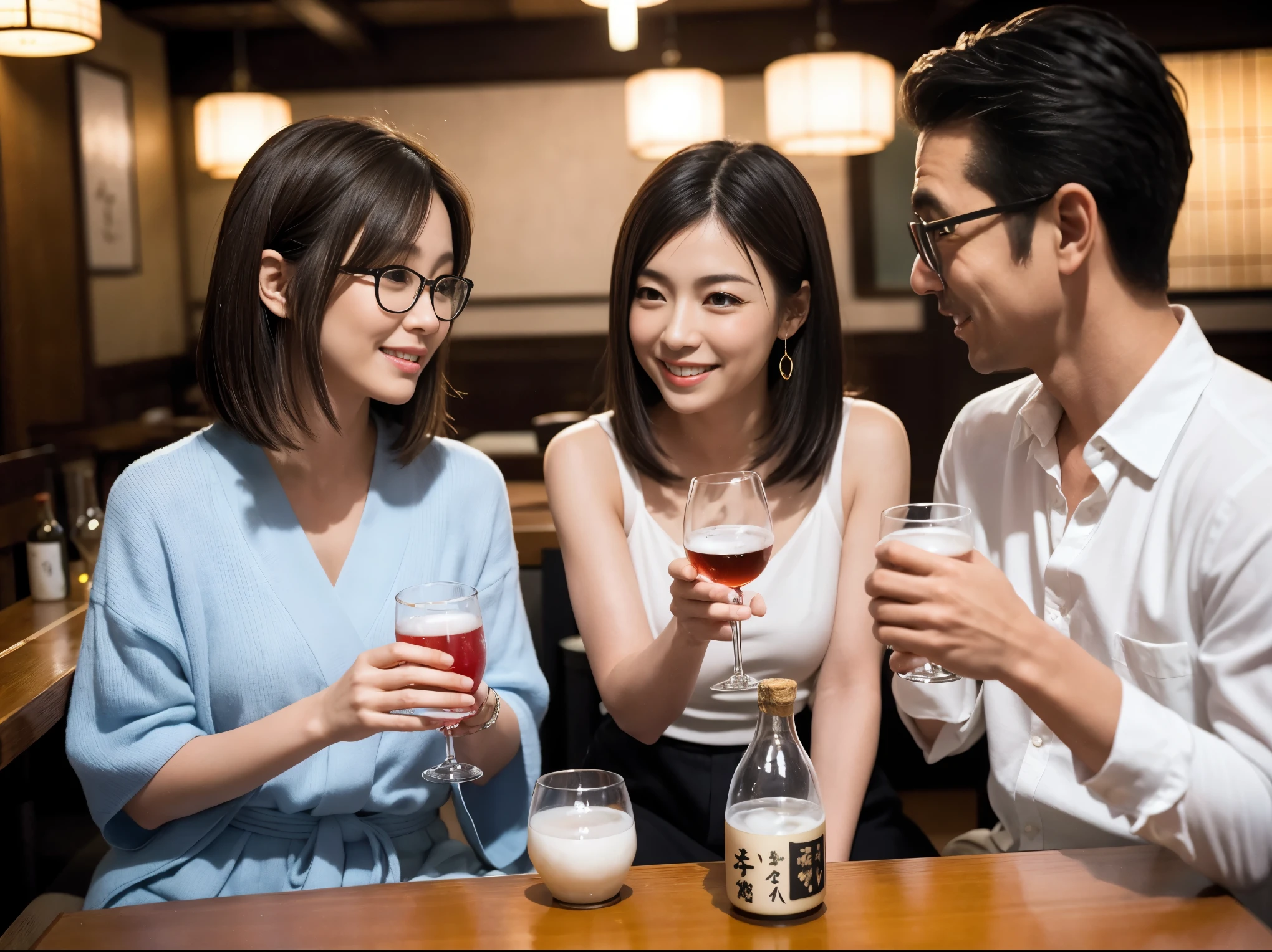 Detailed images that look like they were taken with a high-end camera、party、couple long sleeve shirts、winter fashion、、banquet、Japanese sake、Shochu、hot sake、Japanese sakeファン、I love Japanese sake、because I&#39;thin、Woman drinking alcohol、36 years old、38 years old、Colombia、Brazilian、Japanese、Dutch、German、Portuguese、Belgian、chiri、American、french、Spaniard、Italian、Indian、Englishman、Cut your hair short、brown hair、Beautiful woman with glasses and cup、Japanese sakeグラスとワイングラスには清酒が入っています.、720m of Japanese sake、1.You can also see the 8L sake bottle....、There is also Choshi、adult woman in her 30s、Have a nice smile while drinking alcohol.、The location is a hotel restaurant...、You can see the beautiful night view of the city outside the window...、The floor is the 1st floor、In the background you can see a man and a woman enjoying alcohol....。