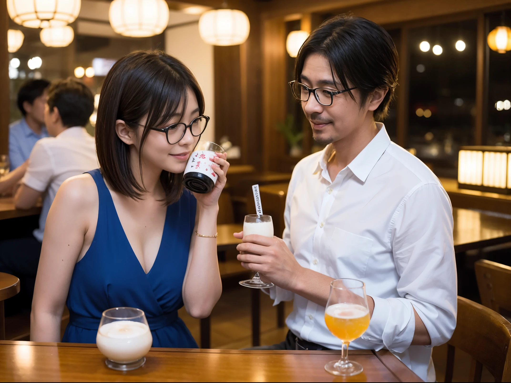 Detailed images that look like they were taken with a high-end camera、party、couple、banquet、Japanese sake、Shochu、hot sake、Japanese sakeファン、I love Japanese sake、because I&#39;thin、Women who drink alcohol、36 years old、38 years old、Colombia、Brazilian、Japanese、Dutch、German、Portuguese、Belgian、chiri、American、french、Spaniard、Italian、Indian、Englishman、Cut your hair short、brown hair、beautiful woman with glasses and cup、Japanese sakeグラスとワイングラスには清酒が入っています.、720m of Japanese sake、1.You can also see the 8L sake bottle...、There is also Choshi、adult woman in her 30s、Have a nice smile while enjoying a drink.、The location is a hotel restaurant..、You can see the beautiful night view of the city outside the window..、The floor is the 1st floor、In the background you can see a man and a woman enjoying alcohol...。