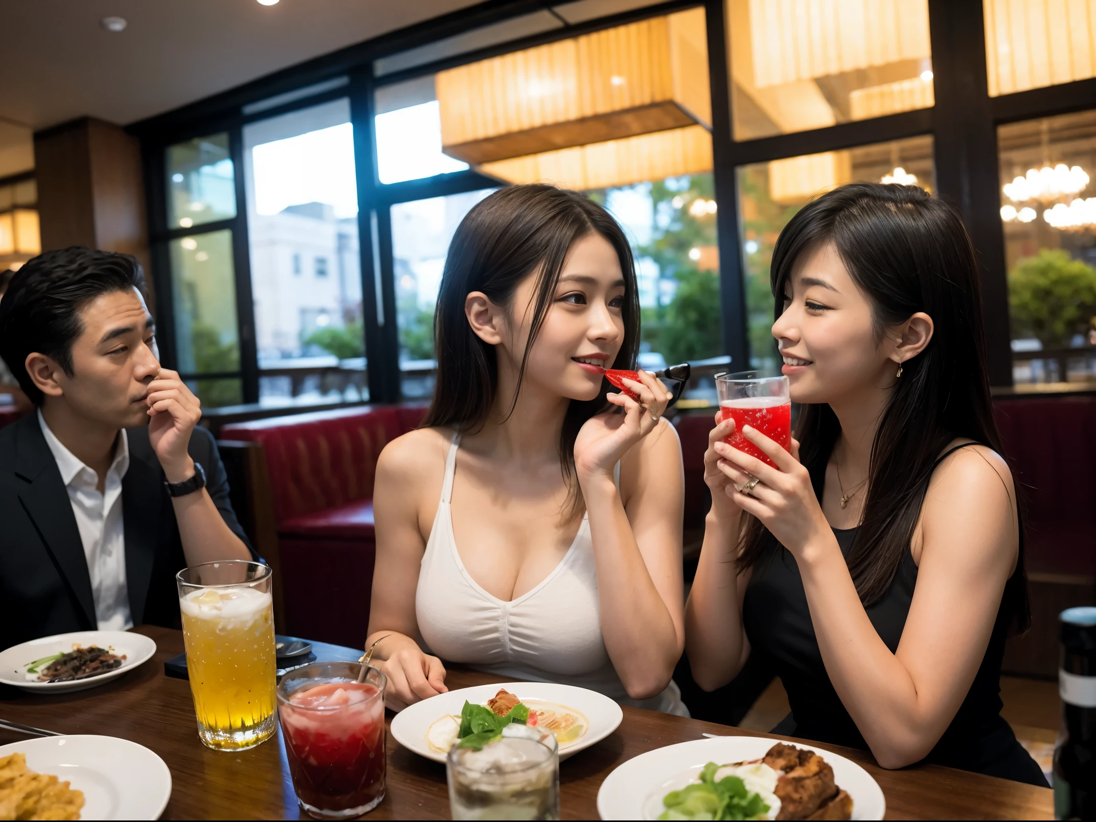 Detailed images that look like they were taken with a high-end camera、party、couple、banquet、Japanese sake、Shochu、hot sake、Japanese sakeファン、I love Japanese sake、because I'thin、Women who drink alcohol、36 years old、38 years old、Colombia、Brazilian、Japanese、Dutch、German、Portuguese、Belgian、chiri、American、french、Spaniard、Italian、Indian、Englishman、Cut your hair short、brown hair、beautiful woman with glasses and cup、Japanese sakeグラスとワイングラスには清酒が入っています.、720m of Japanese sake、1.You can also see the 8L sake bottle...、There is also Choshi、adult woman in her 30s、Have a nice smile while enjoying a drink.、The location is a hotel restaurant..、You can see the beautiful night view of the city outside the window..、The floor is the 1st floor、In the background you can see a man and a woman enjoying alcohol...。