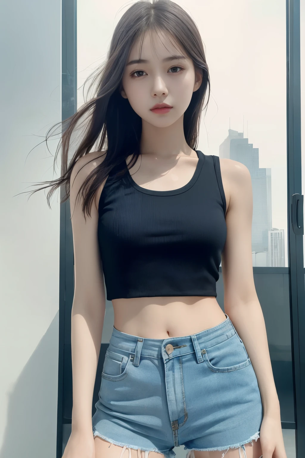 1 girl, spring、Cropped tank top、hot pants、 (best quality: 1.1)、(highly detailed skin), (best quality:1.0), (ultra high resolution:1.0) ,(realistic photo:1.0), (Super detailed:1.0), (8K, Raw photo:1.1),