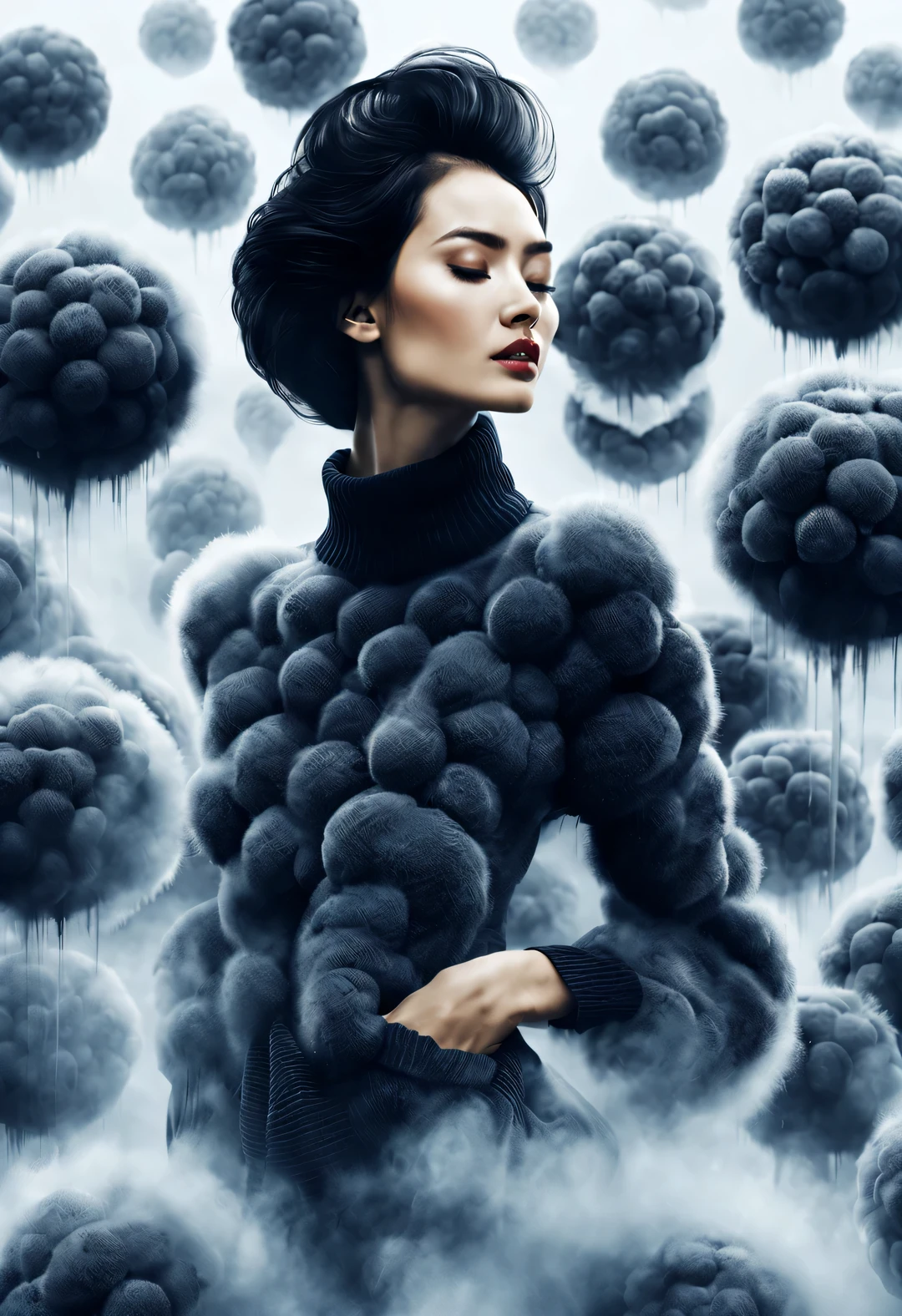 (Modern art fashion character design),Very unified CG,(Half-length close-up),(Beautiful Chinese girl is holding a big machete:1.3), Harmonious combination of classic and modern, (Dark blue sweater and jeans: 0.68), (Red scarf jacket: 0.7), Modern and stylish clothing, Elegance, Girl fair and flawless smooth skin, high nose bridge, Raised pose, sad yet beautiful, slender figure, Exquisite facial features, swirling fog illustration, ink painting, black hair, meatball head, Proud, Surrealism, contemporary art photography, action painting illustration, abstract expressionism, Pixar, depth of field, motion blur, backlight, radiation, decline, Head up angle, Sony FE General Manager, ultra high definition, masterpiece, accurate, textured skin, Super details, high detail, high quality, Award-winning, best quality, Level, 16k, Photographed from a bottom-up perspective, humor,