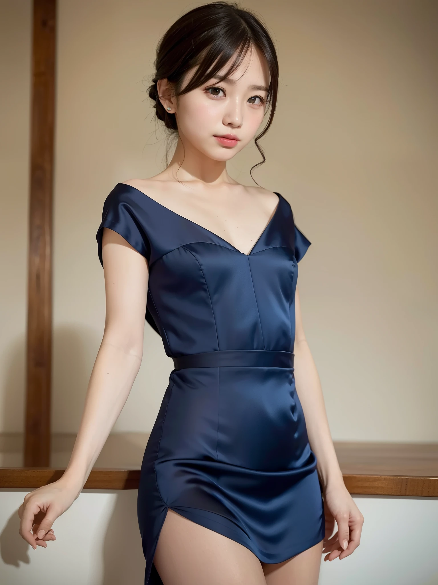 night bar, (naked and navy Neat silk dress, Thigh: 1.1), ((of the highest quality, 8K, masutepiece: 1.3, Raw photo)), Sharp Focus: 1.2, (1 AESPA Girl :1.1), (Solo: 1.18), (Realistic, Photorealistic: 1.37), (Face Focus: 1.1), Cute face, hyperdetailed face, Short messy hair, updo, (Small breasts, flat chest: 1.3), flower, from below,