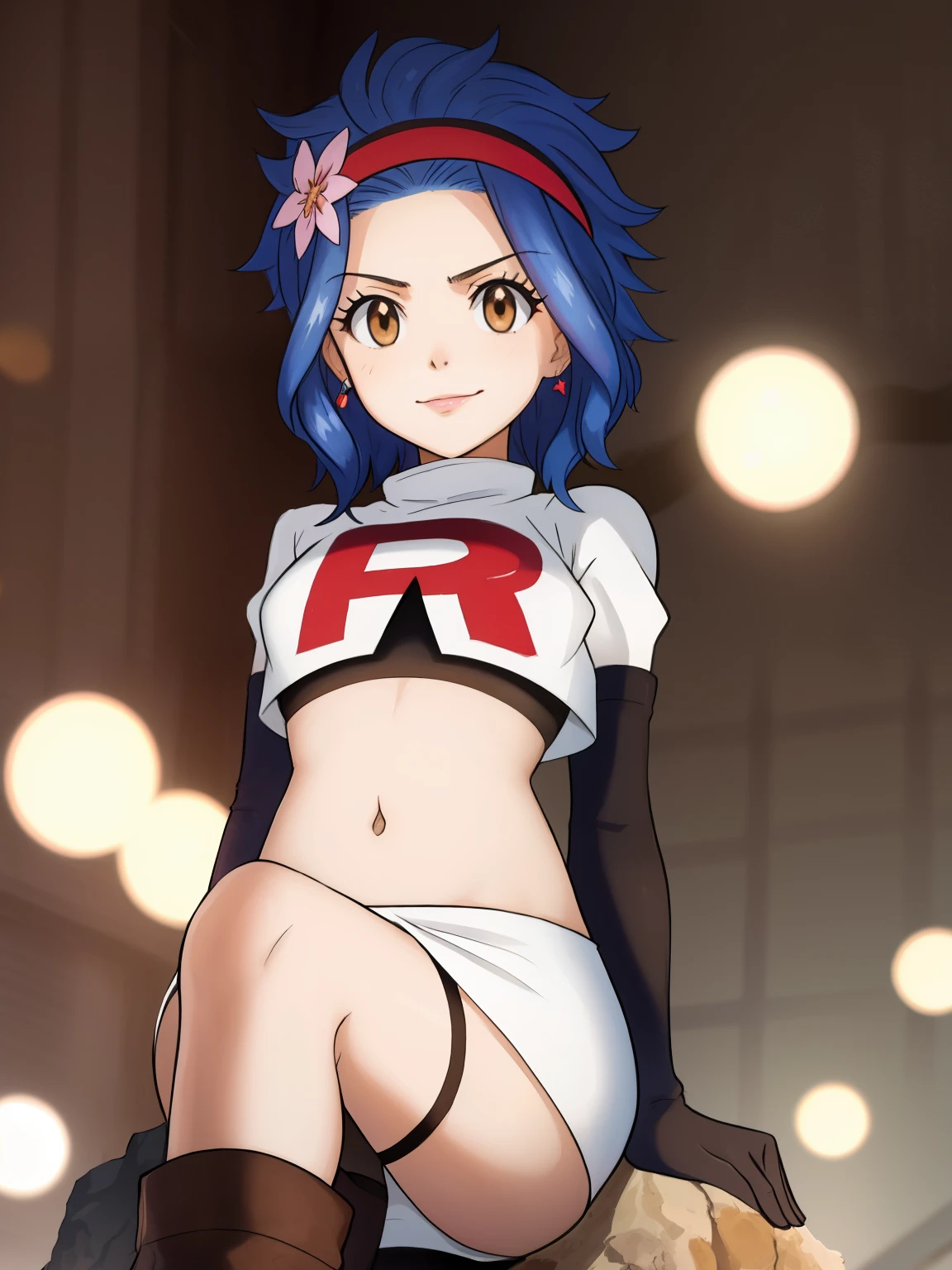 1girl, solo ,LEVY MCGARDEN, (BROWN EYES:1.35), BLUE HAIR, SHORT HAIR, SIDELOCKS, HEADBAND ,HAIR FLOWER ,glossy lips, earings ,team rocket uniform, red letter R, white skirt,white crop top,black thigh-high boots, black elbow gloves, closed mouth, evil smile, looking down on viewer, sitting down ,legs crossed, night sky background