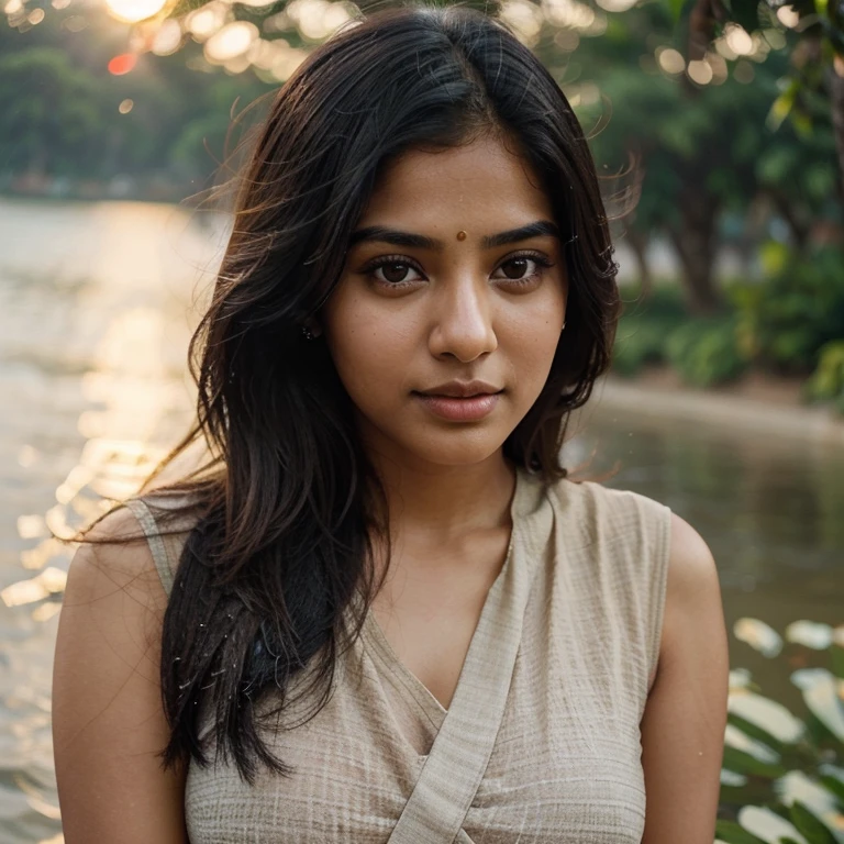 lovely cute young attractive indian girl, brown eyes, gorgeous actress, 23 years old, cute, an Instagram model, Indian, wearing , She should have a natural, approachable expression and be illuminated by soft, golden-hour sunlight. The background should be a scenic outdoor setting, perhaps a sunlit park or beach. Capture this image with a high-resolution photograph using an 85mm lens for a flattering perspective. eyes above the water macro close up , rain, wer face, storm