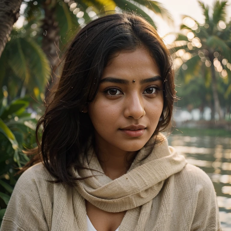 lovely cute young attractive indian girl, brown eyes, gorgeous actress, 23 years old, cute, an Instagram model, Indian, wearing , She should have a natural, approachable expression and be illuminated by soft, golden-hour sunlight. The background should be a scenic outdoor setting, perhaps a sunlit park or beach. Capture this image with a high-resolution photograph using an 85mm lens for a flattering perspective. eyes above the water macro close up , rain, wer face, storm