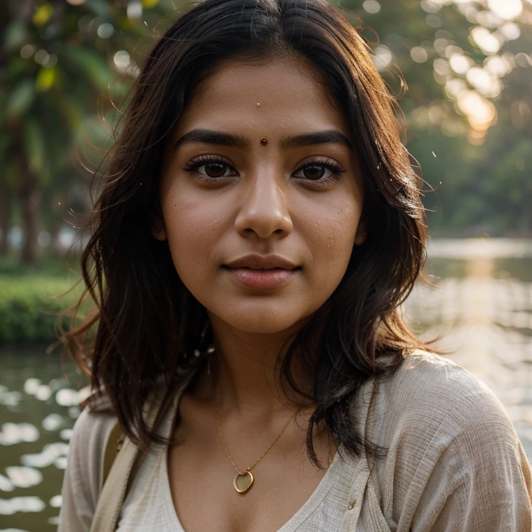 lovely cute young attractive indian girl, brown eyes, gorgeous actress, 23 years old, cute, an Instagram model, Indian, wearing , She should have a natural, approachable expression and be illuminated by soft, golden-hour sunlight. The background should be a scenic outdoor setting, perhaps a sunlit park or beach. Capture this image with a high-resolution photograph using an 85mm lens for a flattering perspective. eyes above the water macro close up , rain, wer face, storm