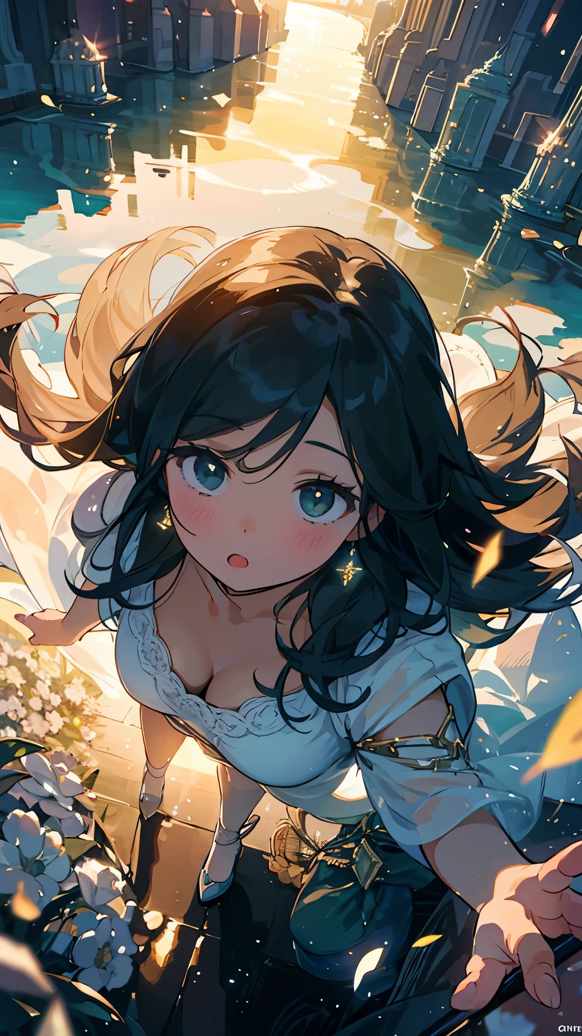 Angle from above,1 girl,very short bangs,delicate makeup,Sparkly glitter,Long gray hair fluttering in the wind,black eyes,orange oversized down jacket,Glossy skin,beautiful cleavage,high contrast, ((muste piece, highest quality))walking through a vast flower garden,While wishing for peace in this world,(View from above with views of the sky and flower fields below),(Flowing clouds: 0.9),(warm light source: 1.2),intricate details,Super detailed,Emerald green sparkling necklace and earrings,Sparkly glitter,brown skin,