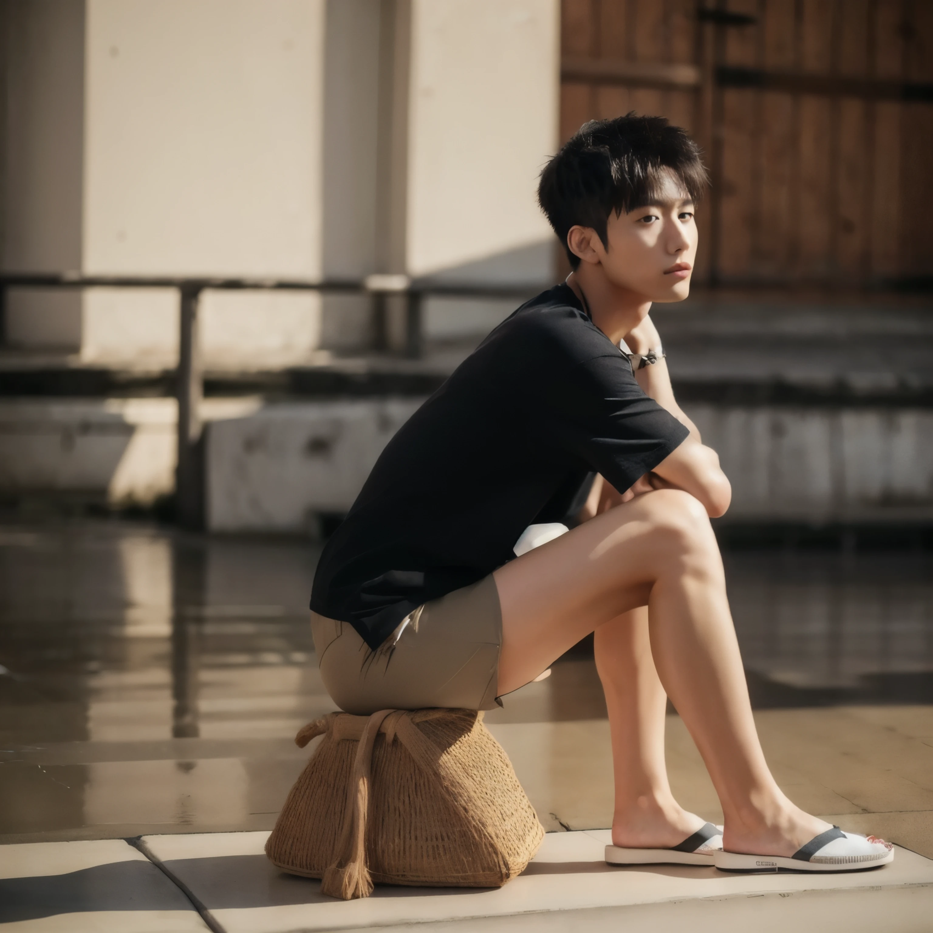 (((hairy legs))), (super sharp focus), (whole body), toned legs, two block, messy shortt hair, long legs, Japan Male, 27 years old, wearing beige shorts, wearing a t-shirt, very short hair, black hair