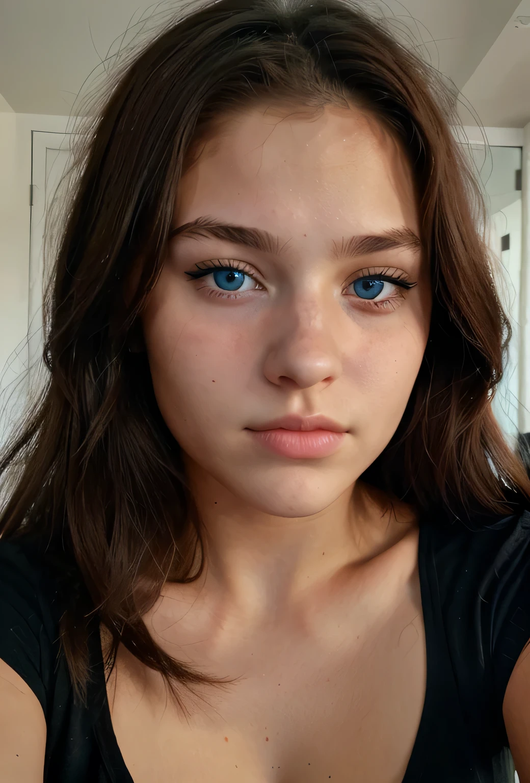 Beautiful American Teen girl face portrait. Perfect face shape. Jawlines. Aggressive nose. Looking at viewer, blue eyes wearing black shirt, selfie photo