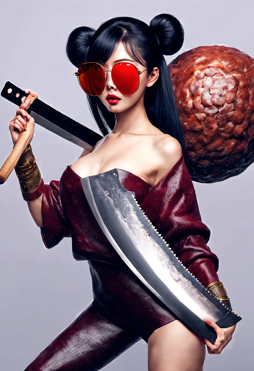(Modern art fashion character design), Very unified CG, (Half-length close-up), (Beautiful Chinese girl holding machete: 1.3), (Wearing large sunglasses: 1.3), and (meatball head: 1.2), a harmonious combination of classic and modern, (dark blue sweater and jeans: 0.68), (Red scarf jacket: 0.7), Modern and stylish clothing, Elegance, the girl's fair and flawless smooth skin, high nose bridge, and head up posture, Sad and beautiful, slender figure, Exquisite facial features, swirling fog illustration, ink painting, black hair, meatball heads, Proud, Surrealism, contemporary art photography, action painting illustration, abstract expressionism, Pixar, depth of field, motion blur, backlight, radiation, decline, Head up angle, Sony FE General Manager, ultra high definition, masterpiece, accurate, textured skin, Super details, high detail, high quality, Award-winning, best quality, Level, 16k, Photographed from a bottom-up perspective, humor,