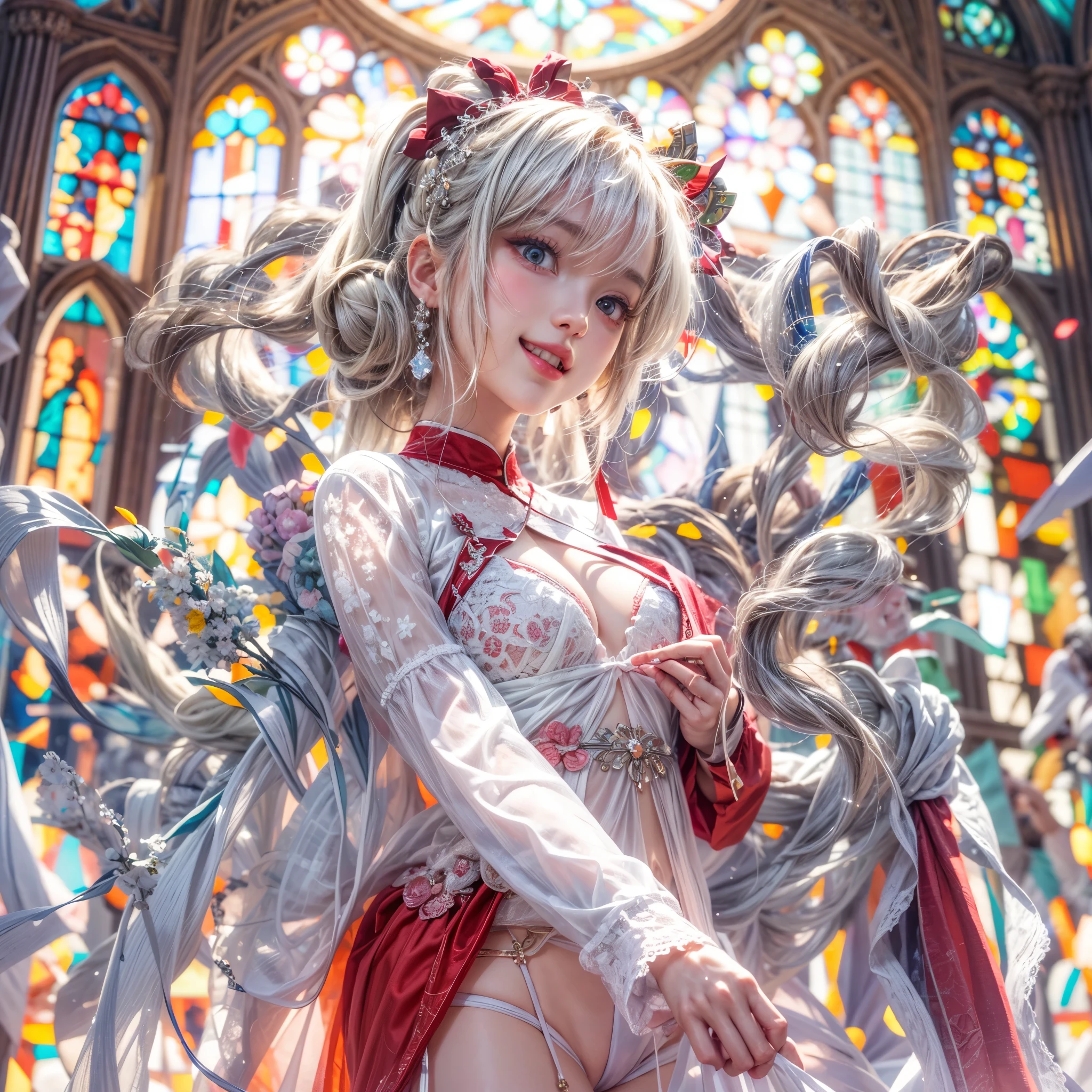 (SFW, White and Red, masterpiece:1.2, Exposed:1.2), (nipple:-0.9), (Acutance:0.8), (many sexy junior idols in group photograph), ((Extremely Detailed KAWAII face variations, joyful expression variations)), { Navel | pretty Ass | Overflowing sideboob | (Delicate lace knitted white wear) | full of Flowers covering girl's body | (Colorful Light shines from Dazzling and delicate stained glass:1.2) }. ( ultra-detailed, realistic, (photorealistic:1.37) with a touch of rawness). { under the mesmerizing back lighting | concept art | enhancing the overall visual impact }. (not Detailed fingers:-0.9) .