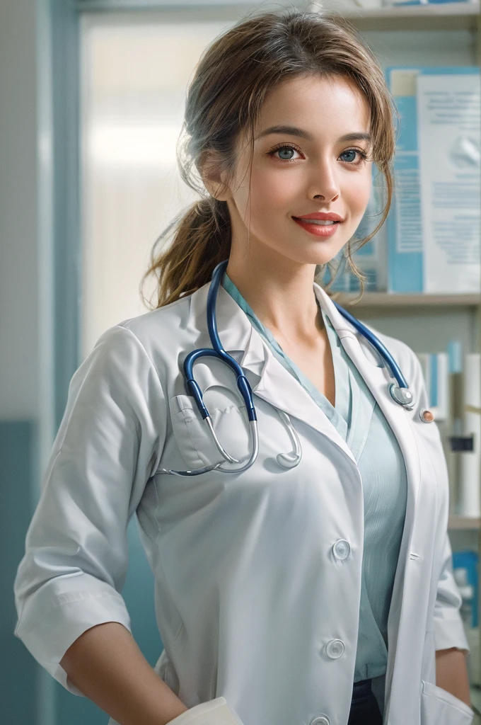 A beautiful female doctor in a professional clinic, with a crisp white lab coat, stethoscope around her neck, and a warm smile on her face. The doctor has well-defined eyes, a perfectly shaped nose, and luscious lips. Her eyes are captivating and convey confidence and compassion. The clinic is well-lit with natural light streaming in through large windows, creating a serene and inviting atmosphere. The clinic is equipped with state-of-the-art medical equipment, including a sleek examination table and modern diagnostic instruments. The walls are adorned with informative medical charts and diagrams, providing a sense of knowledge and expertise. The doctor is surrounded by shelves filled with neatly organized medical books, highlighting her dedication to continuous learning and professionalism. The color palette of the scene is bright and clean, with predominantly white and light blue tones, symbolizing purity and trust. The lighting is carefully balanced to ensure a comfortable and well-lit environment for both the doctor and the patients. The artwork is crafted with meticulous attention to detail, allowing for intricate rendering of the doctor's facial features and the clinic's interior. The overall style of the artwork is realistic and photo-realistic, with a touch of artistic flair to enhance the visual appeal. The emphasis is on capturing the essence of a dedicated healthcare professional and the importance of providing quality medical care. The artwork exudes professionalism, expertise, and compassion, reflecting the commitment of the doctor to her profession and the well-being of her patients, RAW, super detail, highres, (Ultra high saturation, bright and vivid colors), (best quality, masterpiece, Representative work, official art, Professional, 8k)