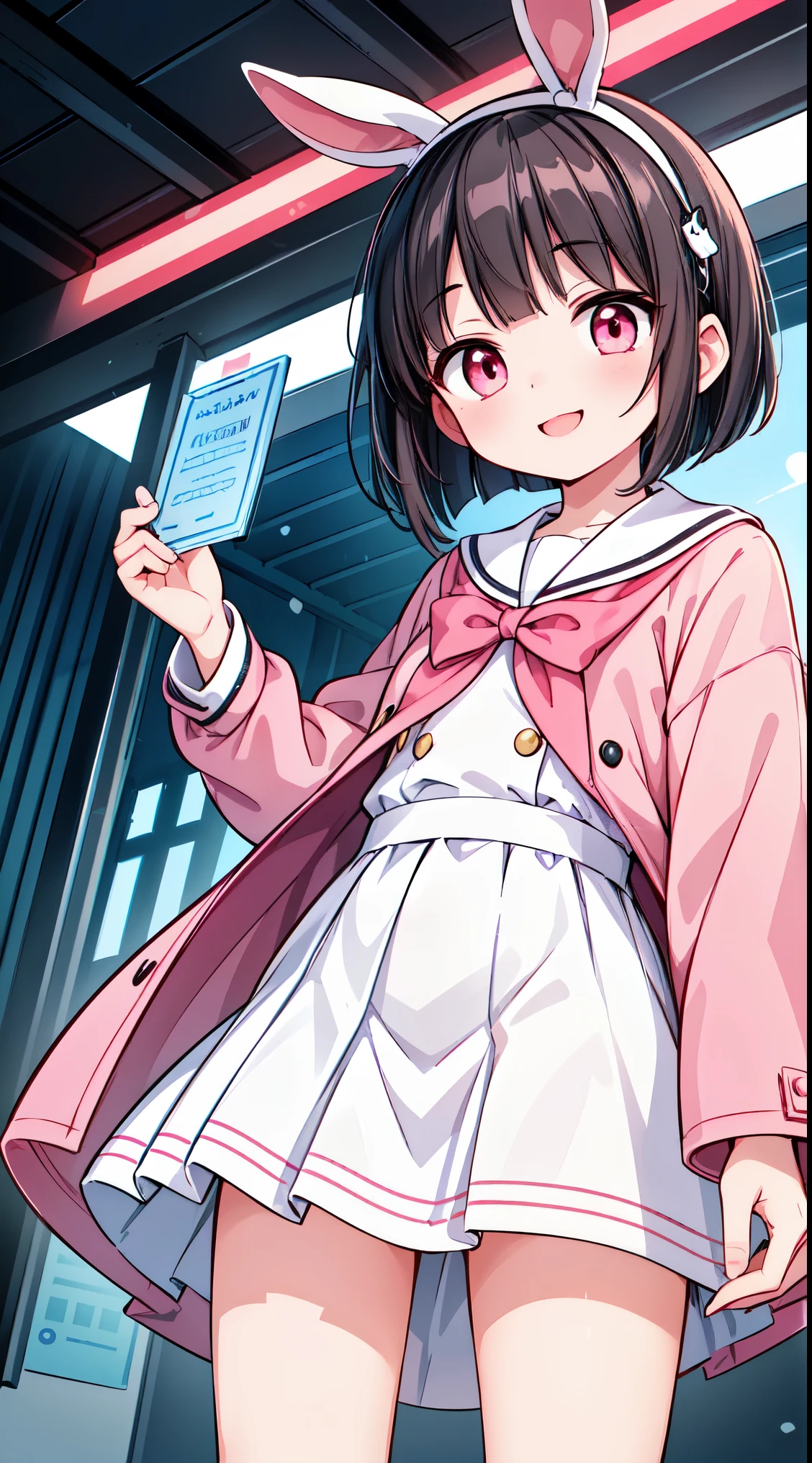(masterpiece, top quality, best quality, official art, beautiful and aesthetic:1.2),ultra-detailed,intricate details,amazing illustration,award-winning art,atmospheric,
BREAK, ( girl), 1 beautiful girl,girl with, 1 beautiful girl,Solo,(Cute:1.5),(Chibi:0.8),(kawaii:1.5),(Lori:0.5),(girl, Cute, Cheerful, Loli face, stly bulging chest),(A dark-haired,Disheveled short bob,tareme,Pink eyes:1.55),(sano,A smile,Bad face:1.2),(White rabbit ear headband:1.2),Shiny skin,Clear skin,Beautiful skin,(best quality face),(Top quality glowing eyes),(The best smile,Doya face:1.45),
BREAK, train,station,(a girl), platform, snow, (coat:1.1),Yamanote line, (school uniform:1.2),
BREAK,wakame,wakame,wakame,(Cowboy Shot,from below:1.4),
BREAK,(Blurry background:1.3),(absurderes, hight resolution, Super Detail Art),cel shading,Clear Color, Lonely optical effect, Beautiful pictures, Bright glow, mystic atmosphere,(Close-up of girl:1.1), Mystical light particle effect,manga influence, clean line drawings,