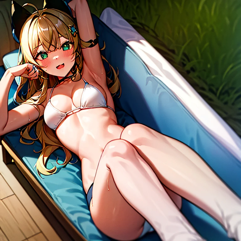 (masterpiece, best quality)a girl,white bikini,lying on white bed,spread legs,detail,soaking wet,get wet,blush,Awkward,Fear