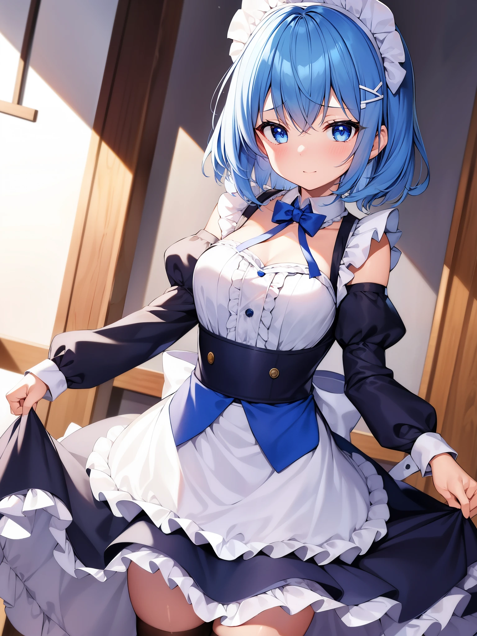 1 girl、solo、chest、Viewer's perspective、blush、short hair、blue eyes、hair ornaments、dress、ribbon、medium breasts、blue hair、ヘアribbon、outdoor、removed sleeve、null、Day、Hair in one eye、apron、青null、maid、maid頭飾り、×hair ornaments、ピンクのribbon、ロワール邸maid服