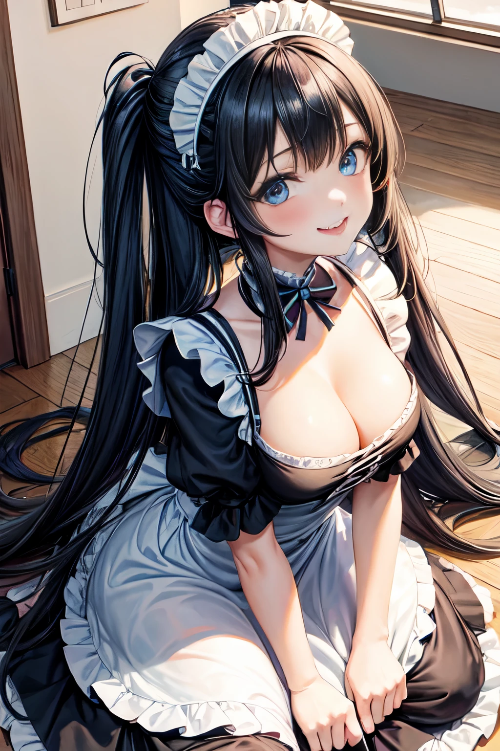 a picture of an anime girl with large blue eyes and pretty hair, 1girl, breasts, solo, cleavage, blue eyes, maid headdress, black hair, large breasts, looking at viewer, long hair, maid, dress, smile, tongue, black dress, bangs, frills, tongue out, blush, apron, short sleeves
((kiddie, JC,littlegirl,kodomo))