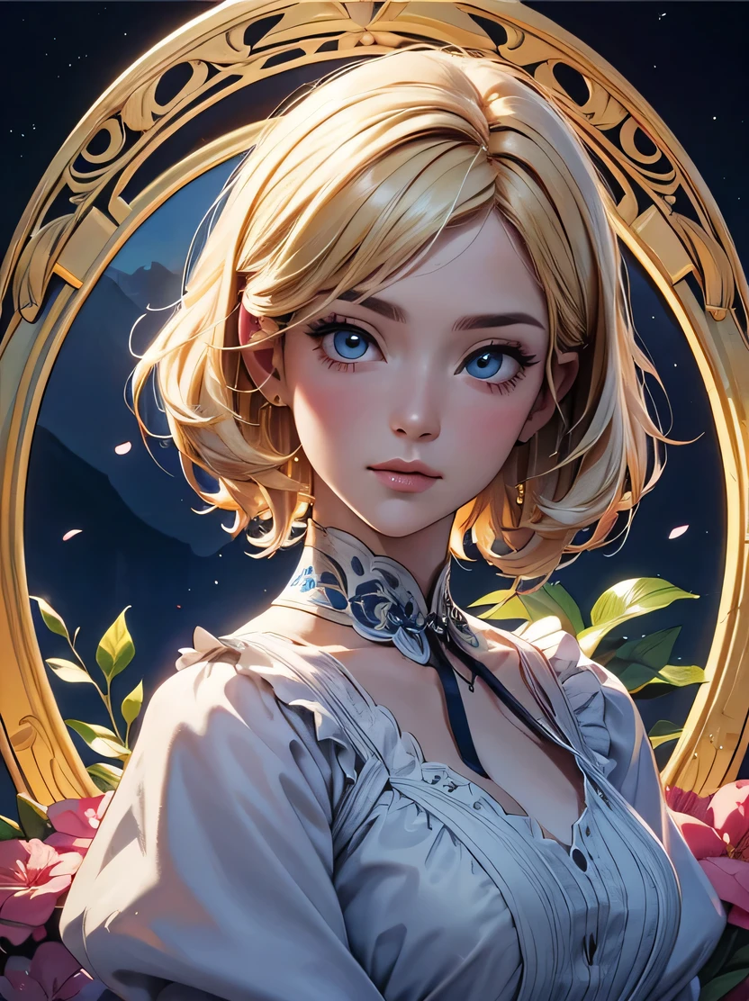 ((masterpiece、highest quality、Super detailed、High resolution、sharp focus、cinematic lighting))、High brightness、high color saturation、face light、one beautiful woman、(((short blonde hair、hairstyle)))、(((detailed hand drawing)))、((fine eyes、high quality eyes、high quality face))、(A very intricate two-tone dress、Floral)、Wind、flying petals、Stained glass with intricate and delicate decorations、line drawing、watercolor painting、インクwatercolor painting、official art、sketch、An illustration、tarot card style、gothic frame、art nouveau、3DMM