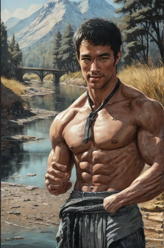 fullbody, japanesse black and white ink ilustration art style, A young man fitness  perfect anatomy, divine proportions, perfect composition, handsome brown eyes shine smile, short wavy black hair, masuculine gaze, confident look,  background with mountain, train, river and trees, trending on artstation, sharp focus, studio photo, intricate details, highly detailed, by greg rutkowski, with highly intricate and precise details,,