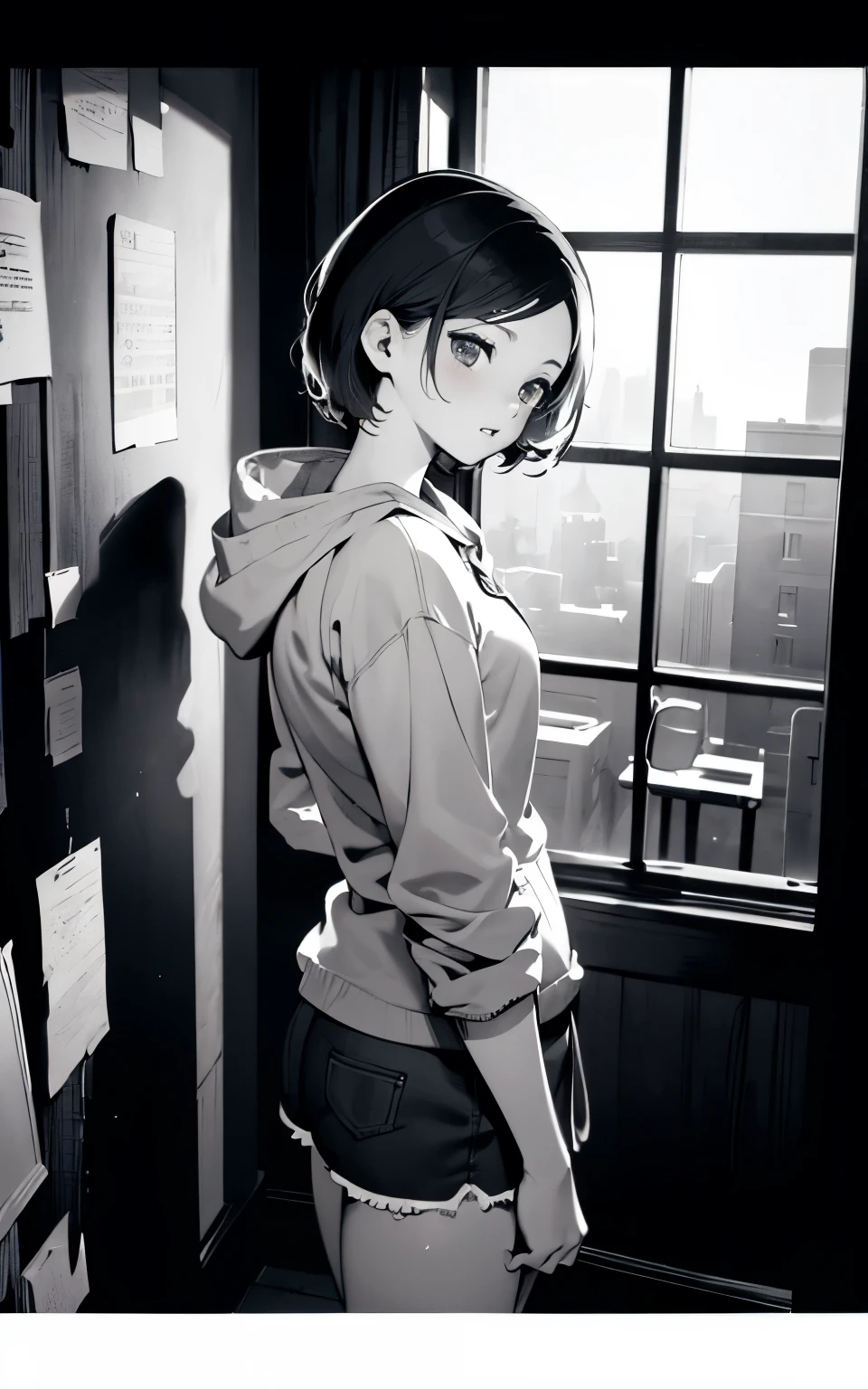 (High resolution), (8K), (very detailed), (The best enlightenmentns), (highest quality), (super detailed), (masterpiece), (wallpaper), (detailed face), with a girl、monochrome、enlightenment、A scene from a movie、(Touching scenes)、short hair,inner color,solo,Oversized Light Gray Hoodie、　Erotic Shorts、surprised