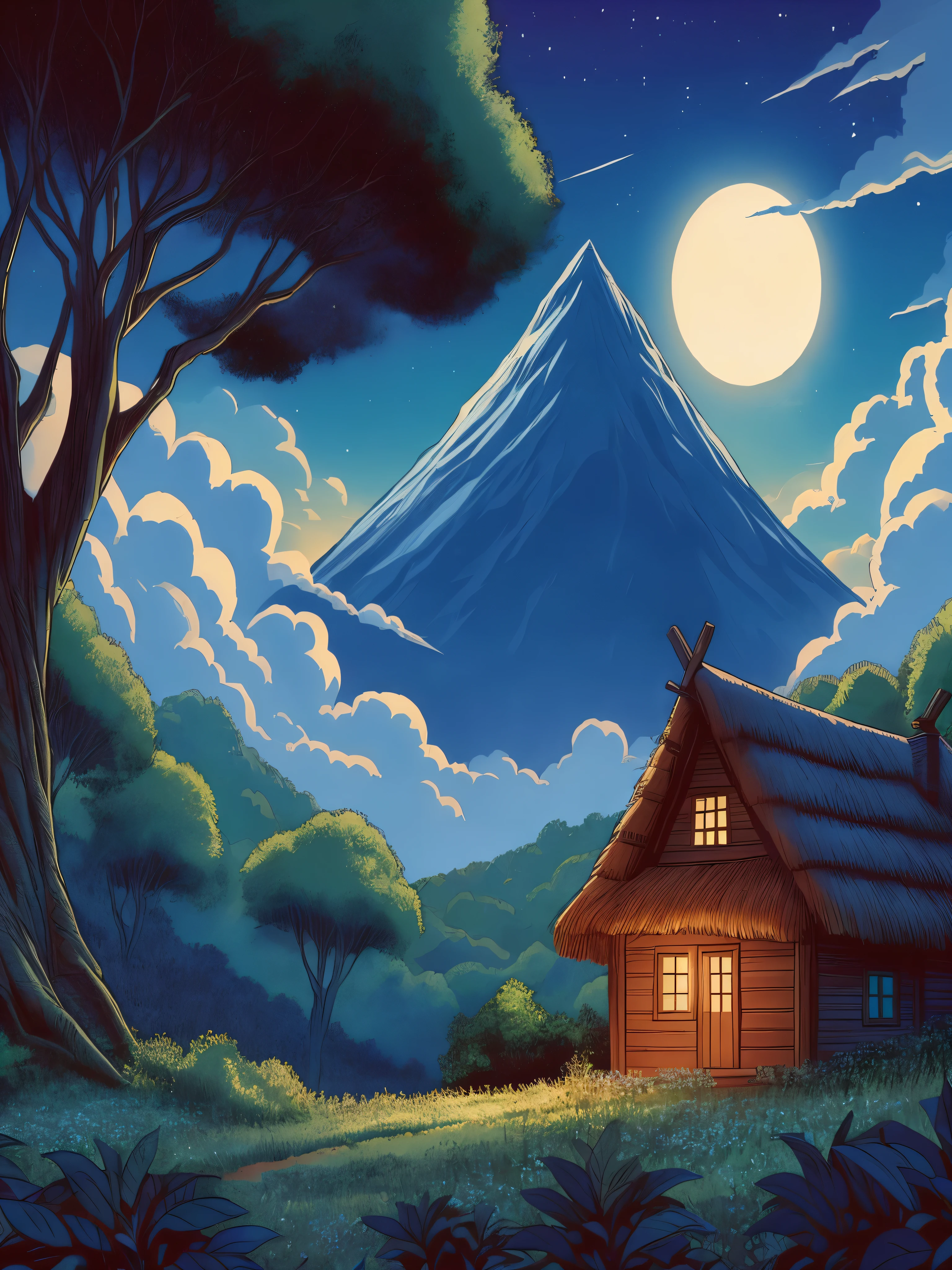 Draw a tintin style anime simple aerial art of a hut near a giant mountain and tree, shade, moon, night, clouds, beautiful sky, beautiful color palette,